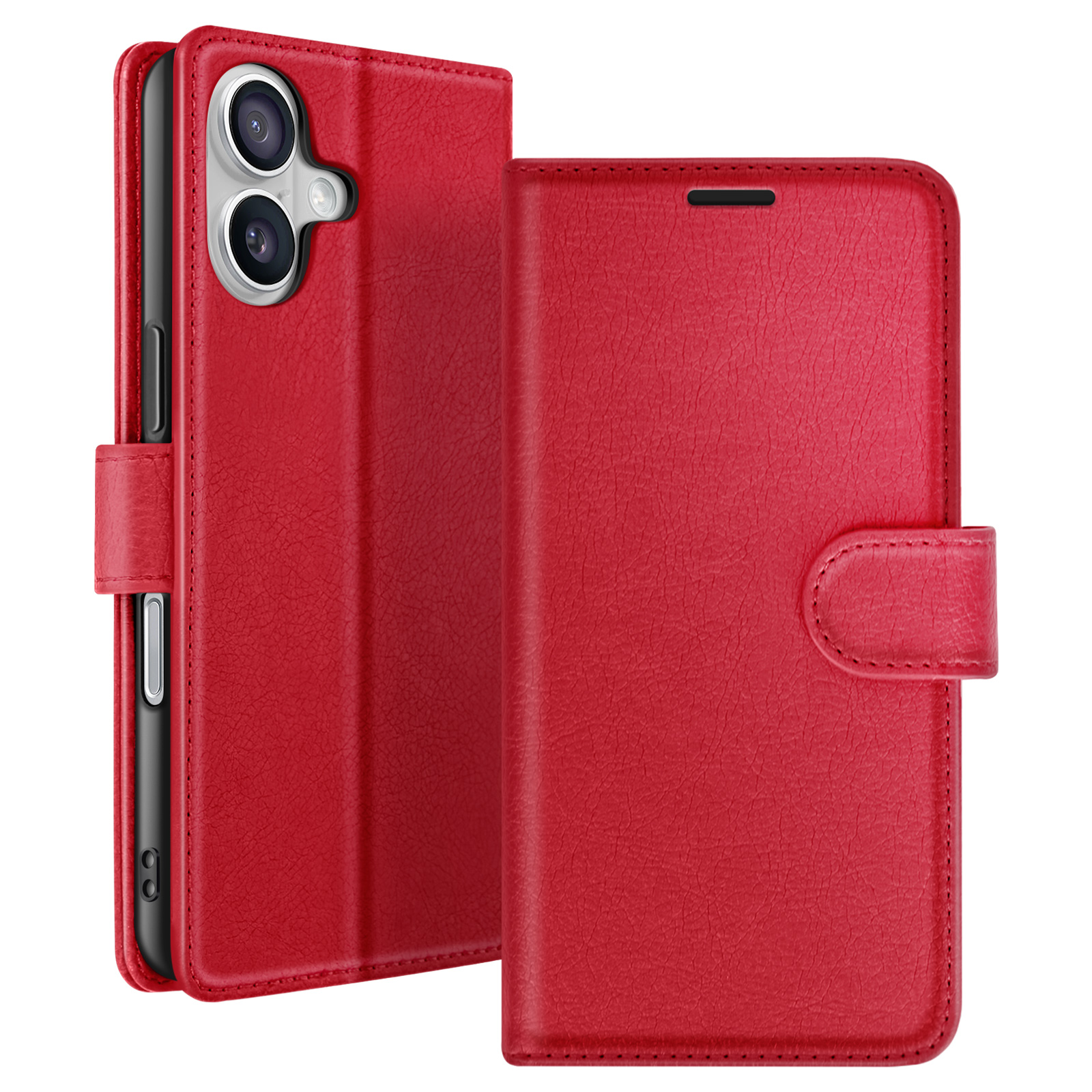 Eine rote Handyhülle ist offen und zeigt ein Telefon mit zwei Kameras. Die Hülle besteht aus strukturiertem Material und hat einen Magnetverschluss.