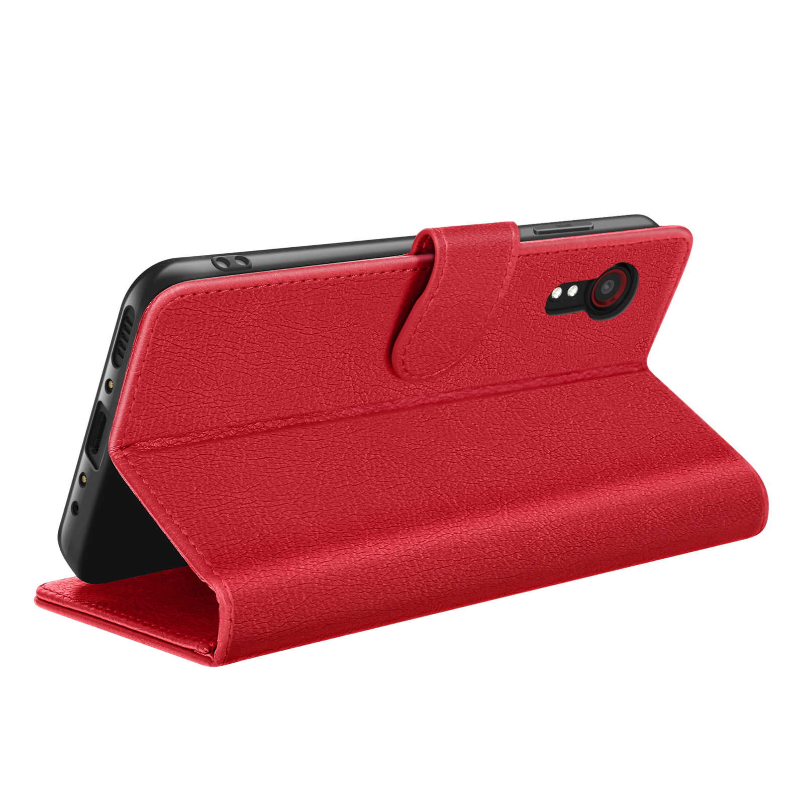 Rode telefoonhoes open, met een zwarte smartphone. De hoes heeft een getextureerde afwerking. Witte achtergrond.