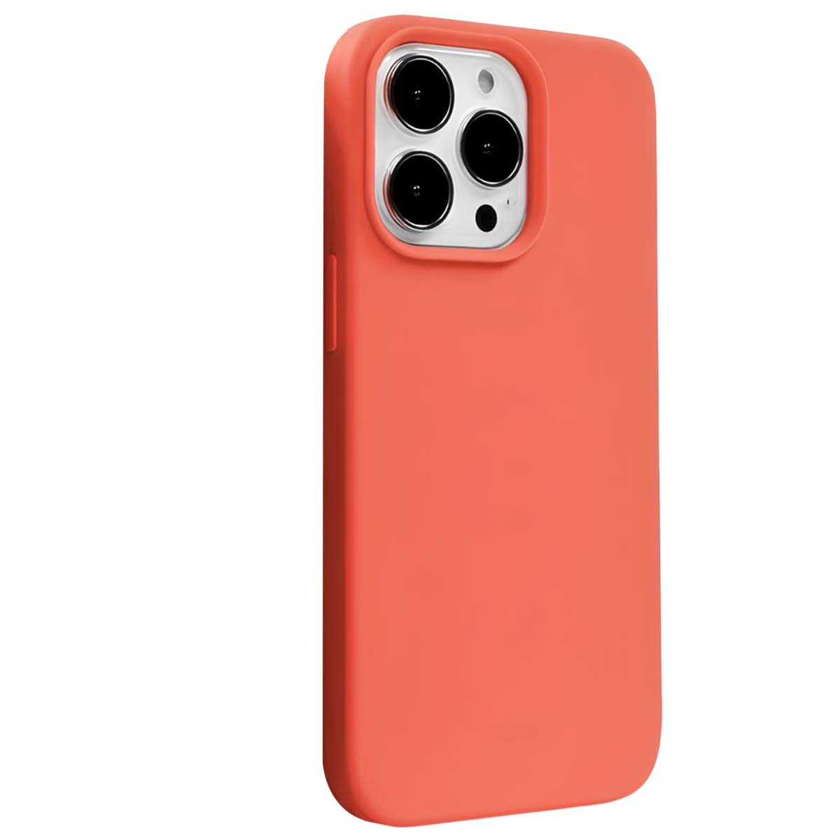 Una custodia arancione per telefono con più ritagli per fotocamera è mostrata su uno sfondo bianco.