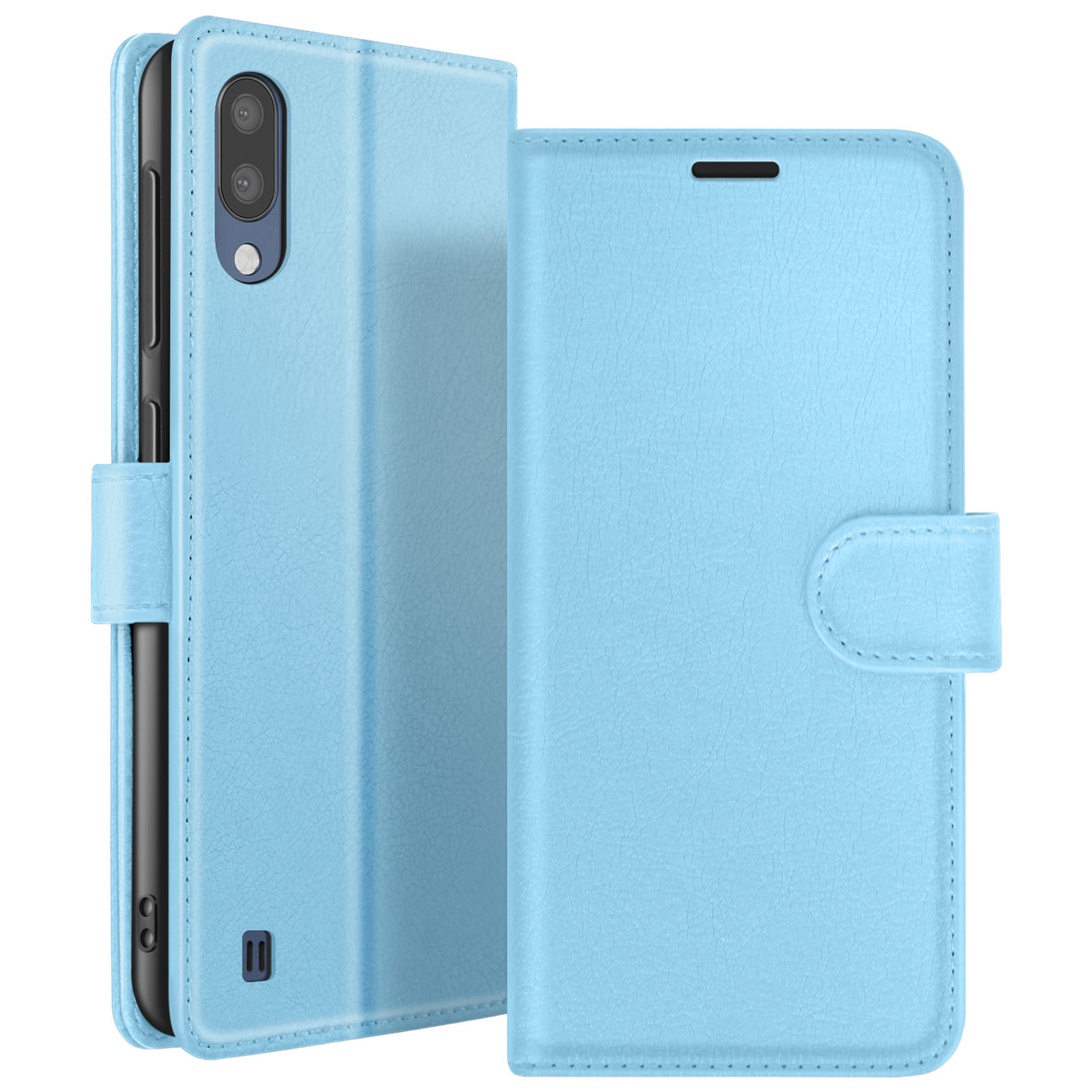 Un étui de téléphone bleu clair est présenté ouvert, montrant le téléphone à l'intérieur. L'étui a une surface texturée et une fermeture magnétique.