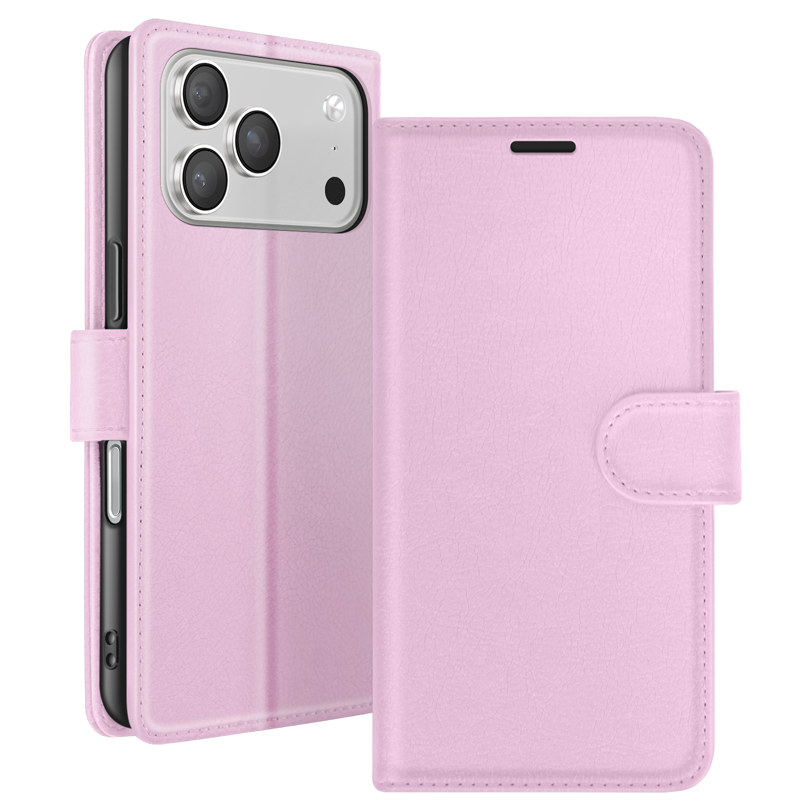 Roze leren telefoonhoesje met drie cameralenzen, een klep en een magnetische sluiting.