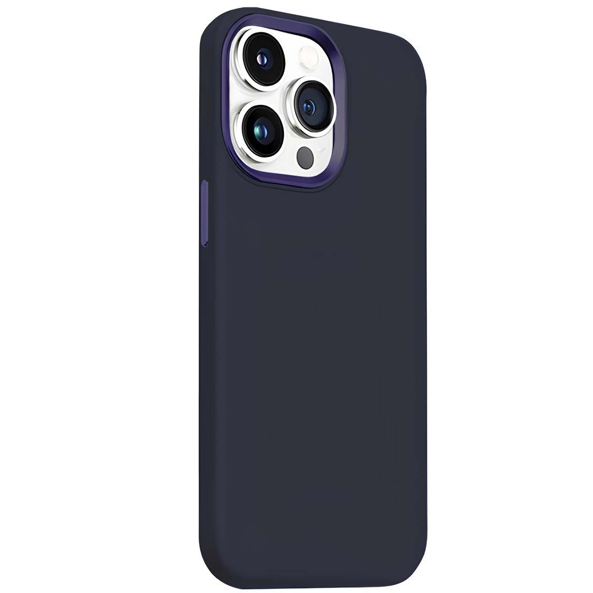 Una custodia per telefono blu scuro con ritagli per la fotocamera. La custodia ha un bordo viola attorno alle fotocamere.