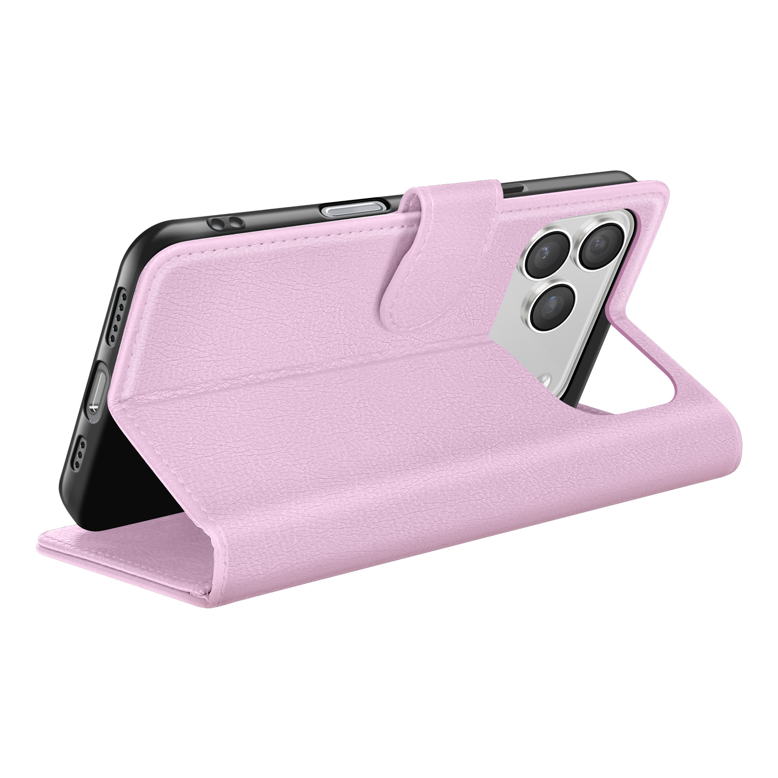 Een roze telefoonhoesje is open en houdt een zwarte telefoon vast. De hoes heeft een textuuroppervlak en een magnetische sluiting.
