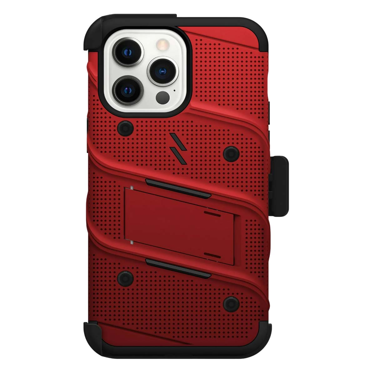 Una custodia rossa per telefono con dettagli neri. Include un supporto, un ritaglio per la fotocamera e una superficie strutturata con piccoli fori.