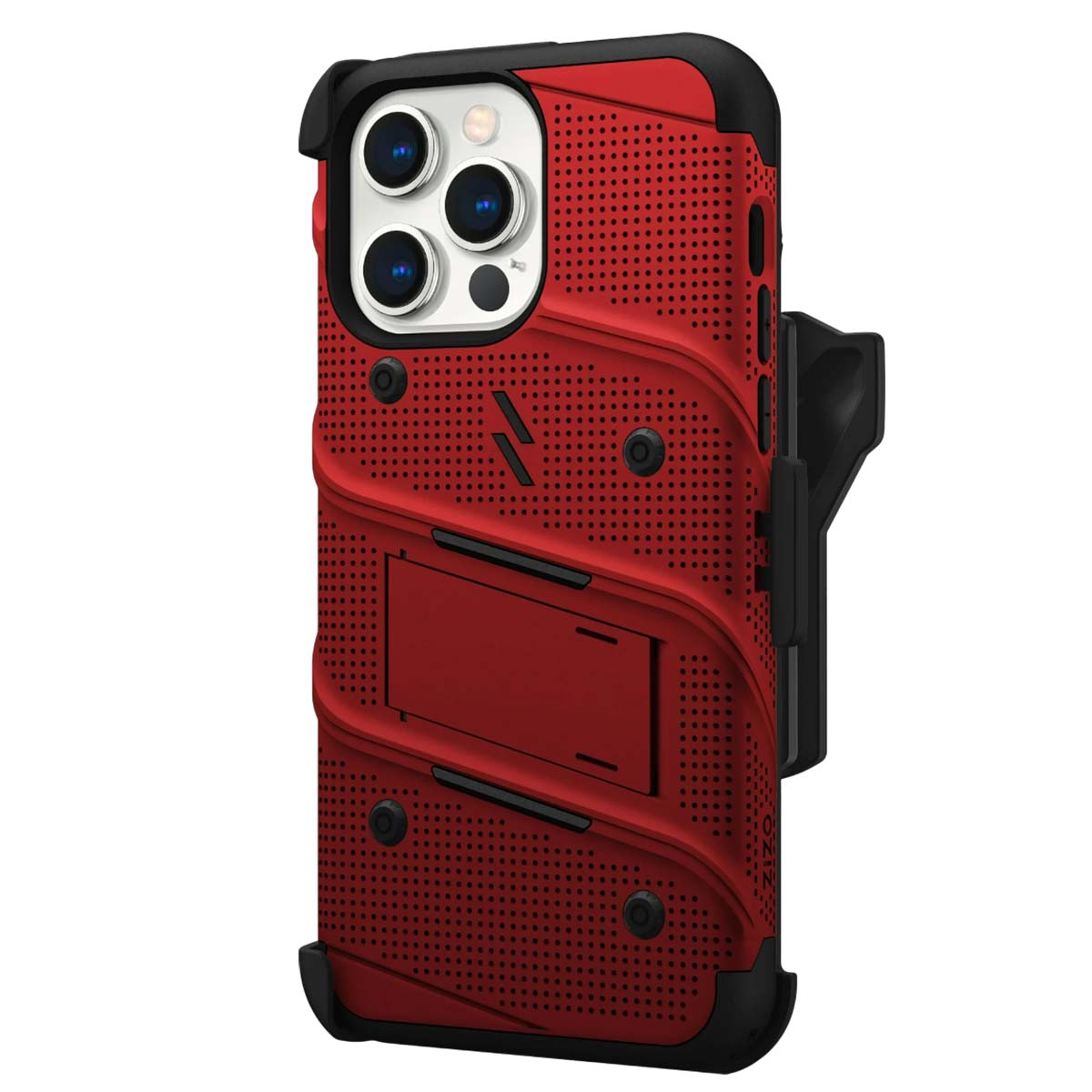 Custodia per telefono rossa e nera con cavalletto e clip da cintura. La custodia ha un design perforato e copre la fotocamera del telefono.