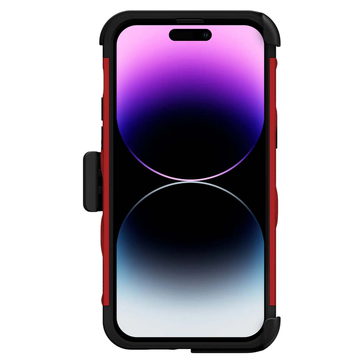Uno smartphone in una custodia rossa e nera con clip da cintura. Lo schermo mostra una sfumatura di viola, nero e bianco.