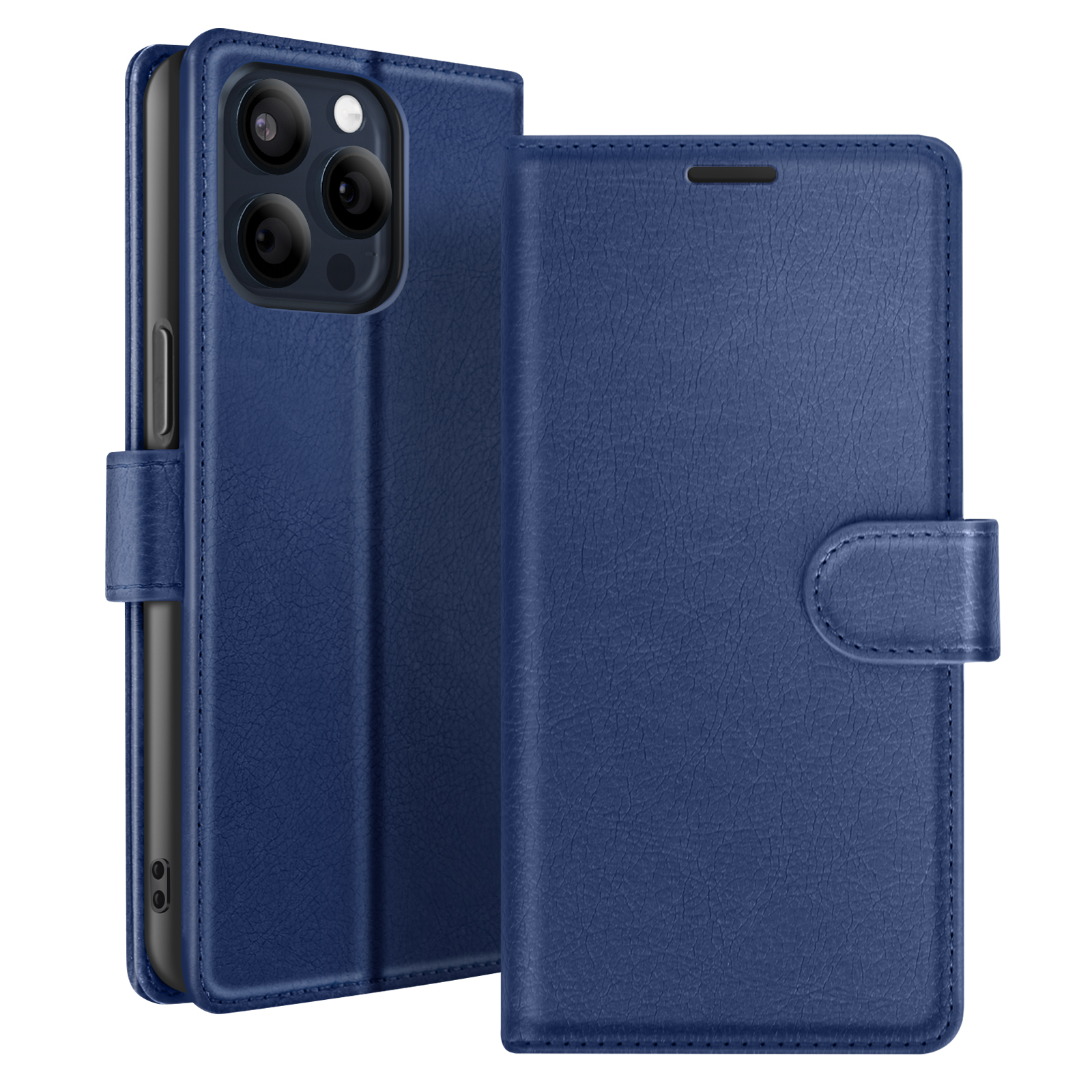 Un étui de téléphone en cuir bleu, ouvert et fermé, montrant le téléphone et les détails de l'étui.
