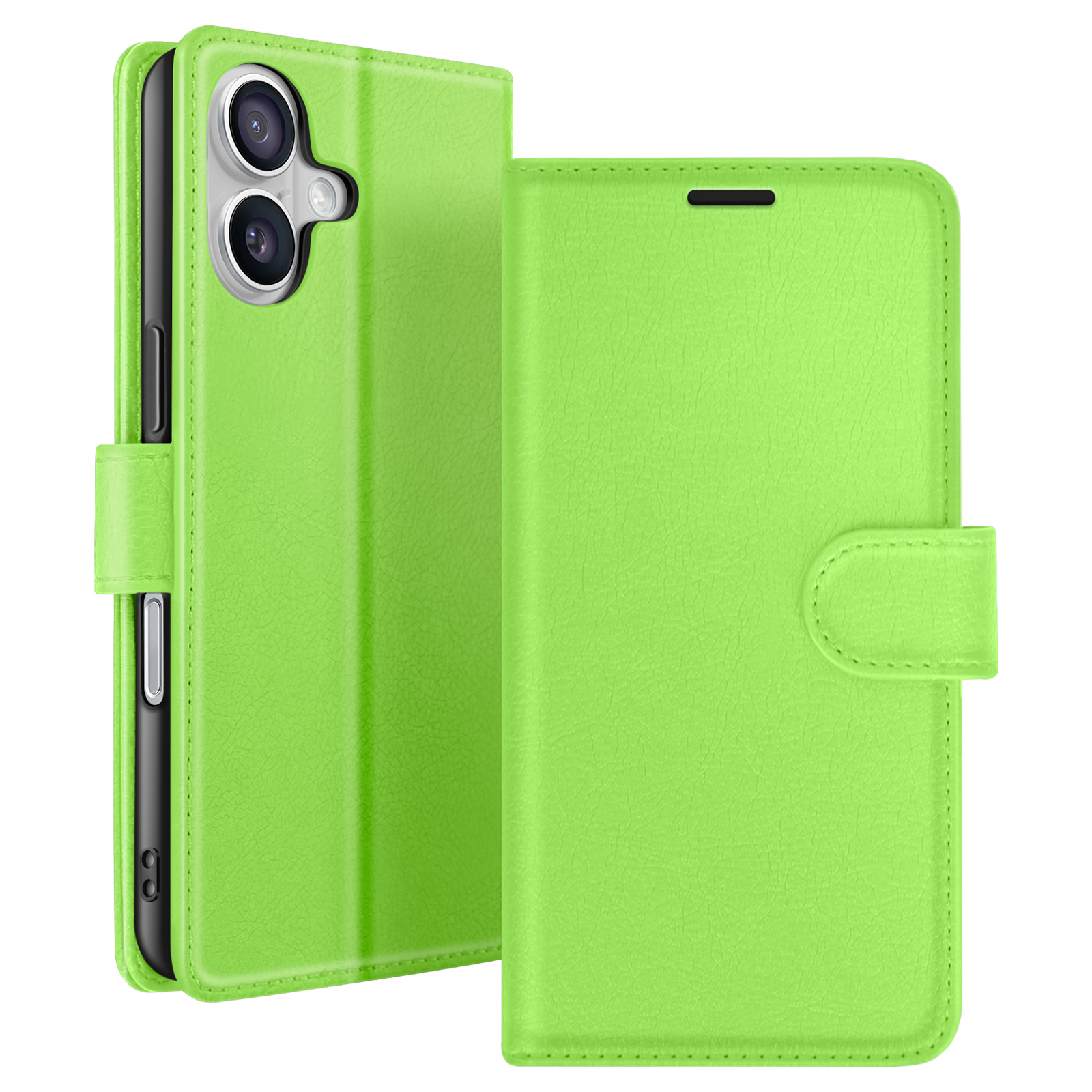 Un étui de téléphone vert citron, ouvert, montrant un téléphone à l'intérieur. L'étui a une surface texturée avec une fermeture magnétique.