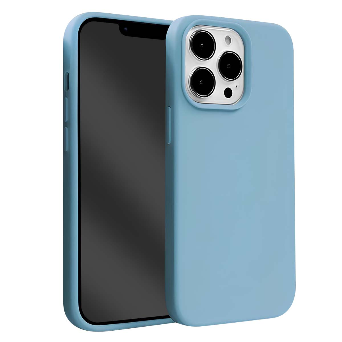 Un iPhone azzurro chiaro in una custodia abbinata. Il telefono mostra uno schermo nero. Le lenti della fotocamera sono visibili sulla custodia.