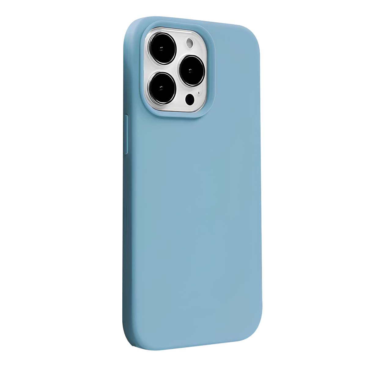 Una custodia per telefono azzurra con un ritaglio per una fotocamera a tre lenti. La custodia è liscia e ha bordi arrotondati. Sfondo bianco.
