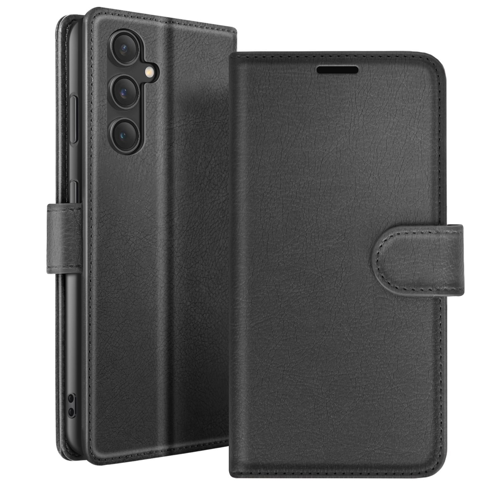 Étui de téléphone noir ouvert, montrant le téléphone à l'intérieur. L'étui a une finition texturée semblable au cuir et une fermeture magnétique.