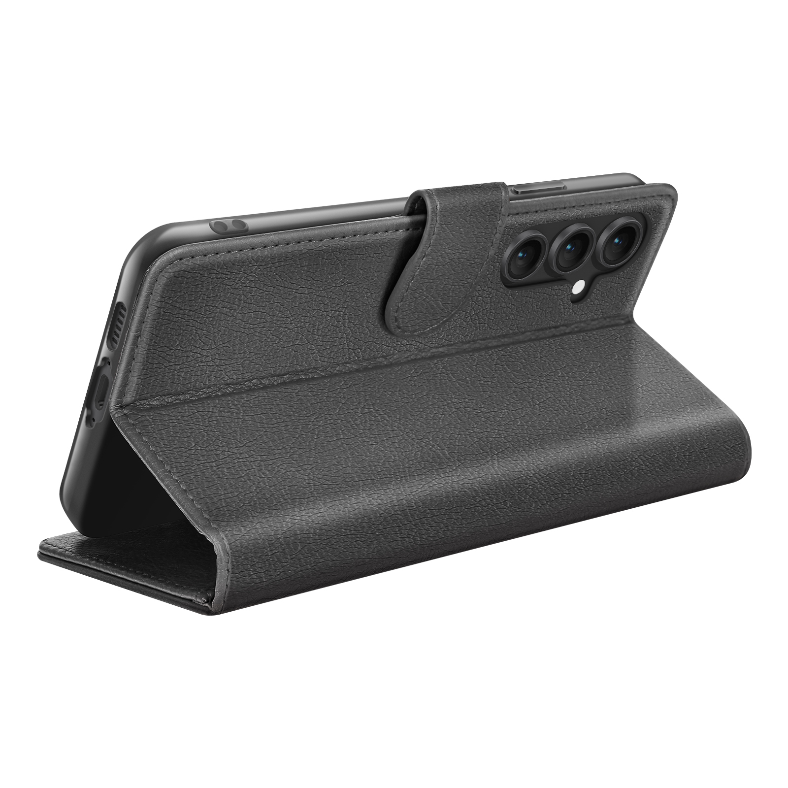 Un téléphone noir dans un étui en cuir est affiché en angle. L'étui est ouvert, révélant le téléphone et sa caméra.