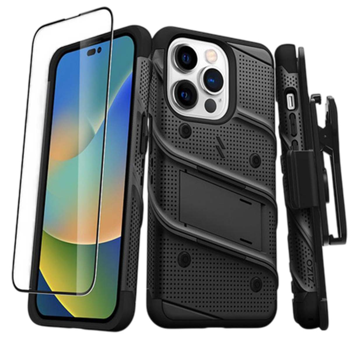 Custodia nera per telefono con protezione schermo e clip da cintura. La custodia ha un design strutturato e un supporto. La protezione è trasparente.