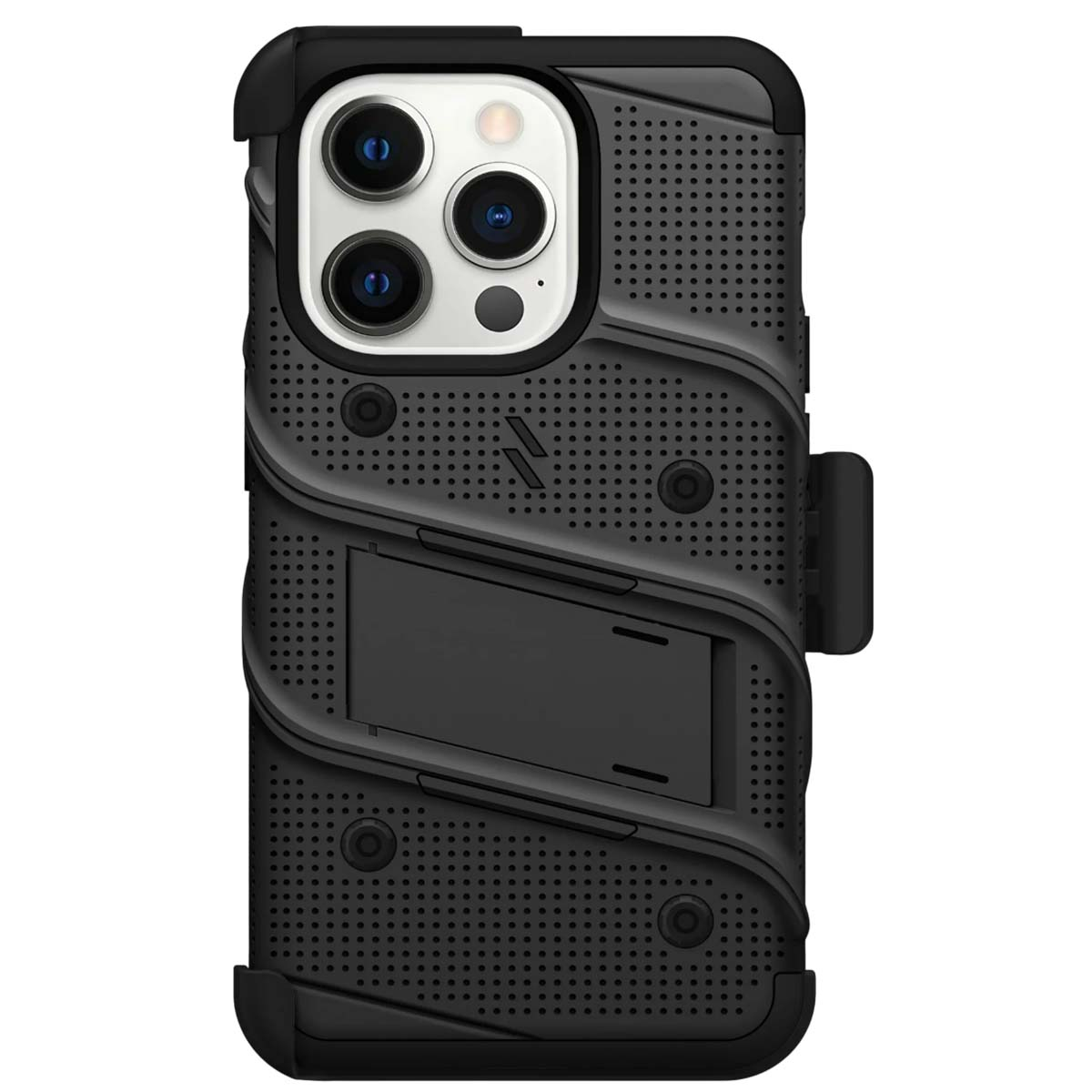 Custodia nera per telefono con più fotocamere, un supporto e una clip per cintura. La custodia ha una superficie strutturata con molti piccoli fori.