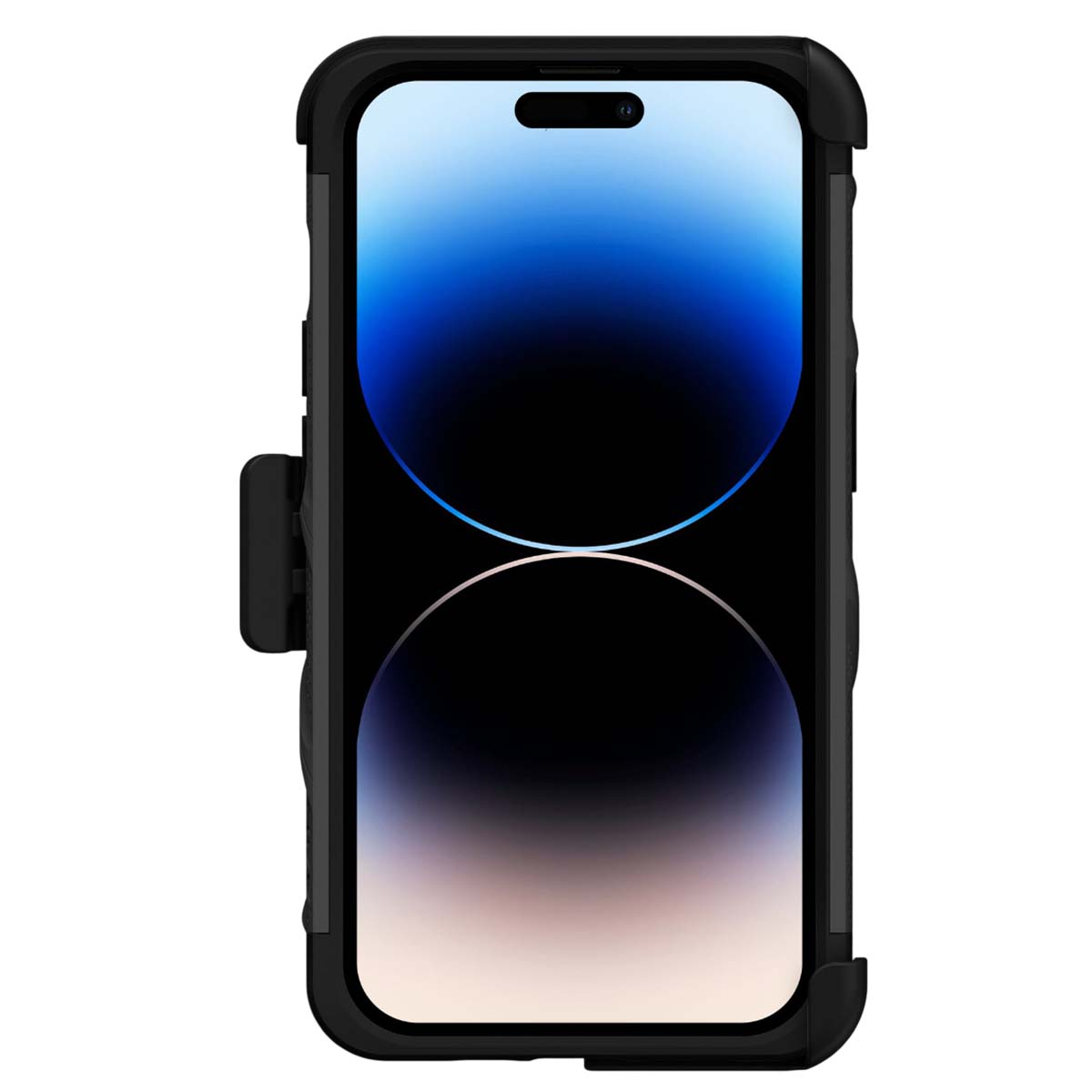 Smartphone in una custodia protettiva nera. Lo schermo mostra una sfumatura di blu, nero e beige. La custodia ha una clip.