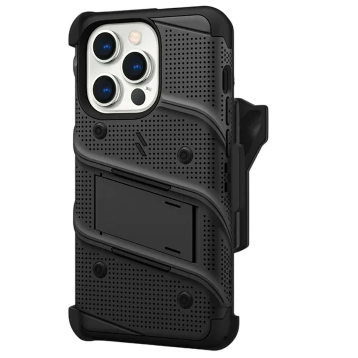Custodia per telefono nera con lenti della fotocamera, supporto e clip per cintura. Ha un design robusto con un motivo perforato.