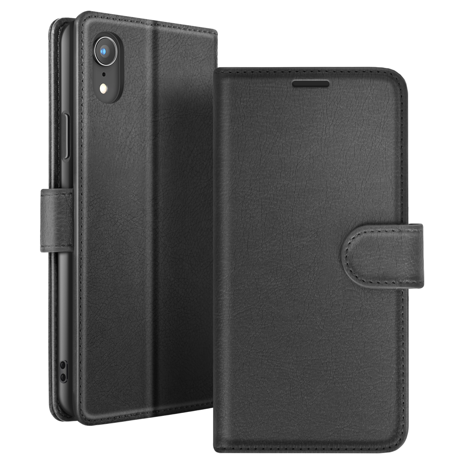 Custodia per telefono in pelle nera. È aperta, rivelando un telefono. La custodia ha una chiusura magnetica.
