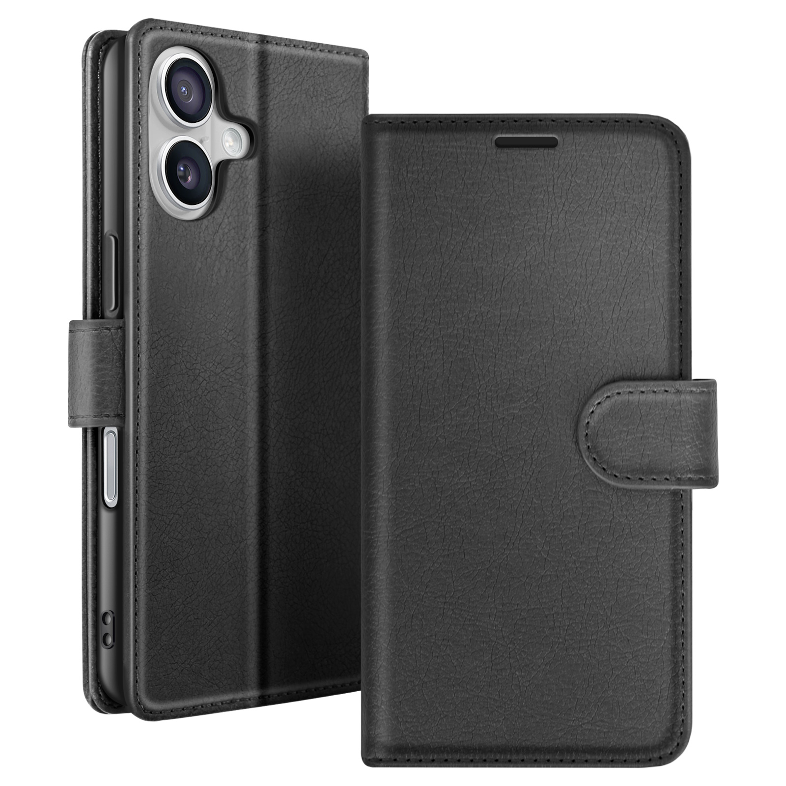Una custodia per telefono in pelle nera è mostrata aperta, mostrando il telefono. La custodia ha una chiusura magnetica e una superficie strutturata.