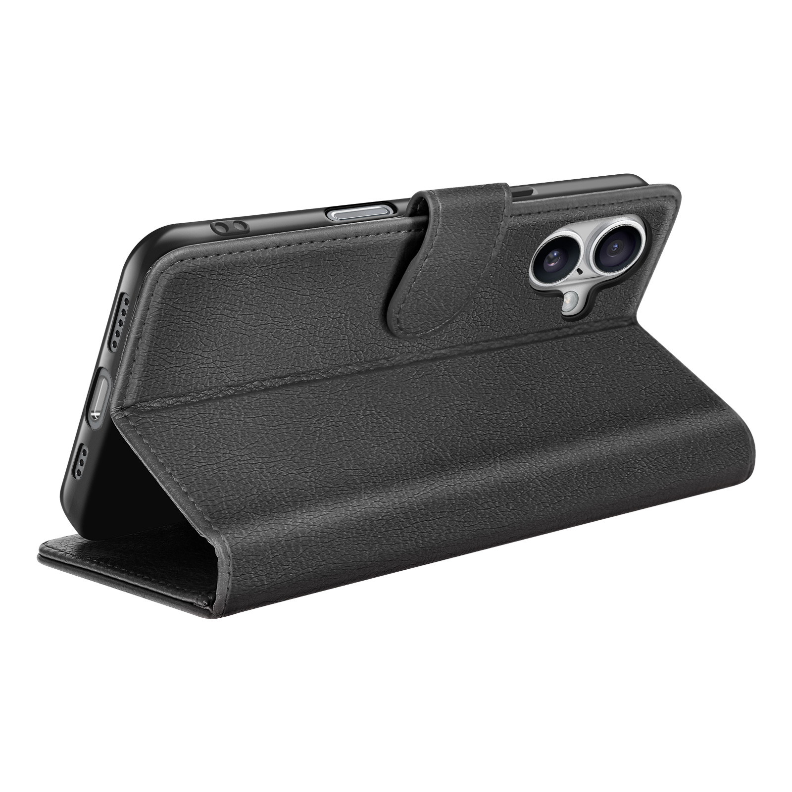 Una custodia per telefono nera con una texture in pelle, aperta per rivelare uno smartphone. La custodia ha una chiusura magnetica.