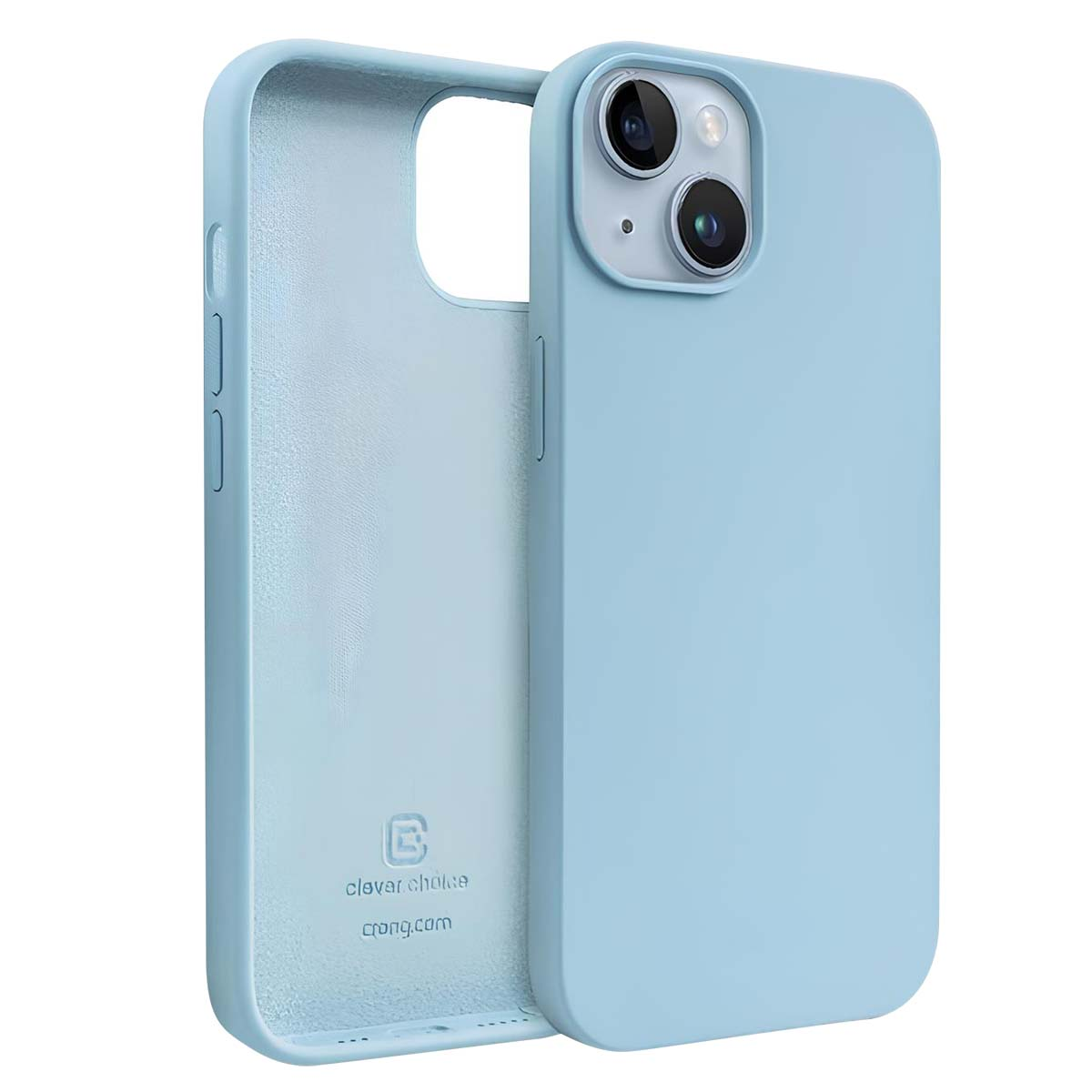 Una custodia per telefono azzurra, con un ritaglio per la fotocamera e il marchio 'clever choice' stampato all'interno.