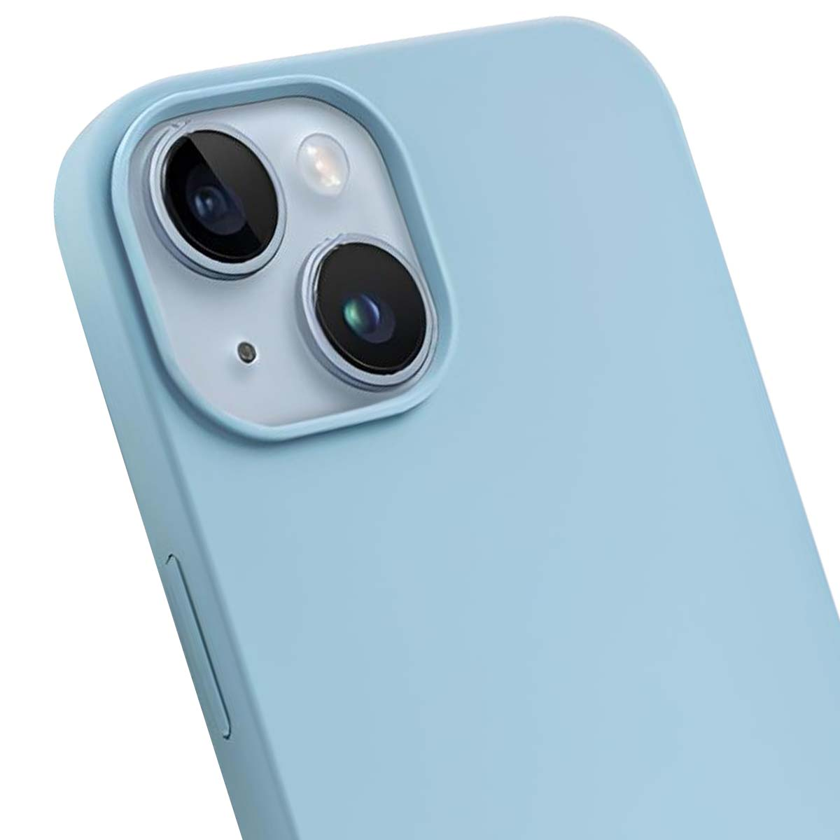 Primo piano di una custodia per telefono blu chiaro con tre obiettivi della fotocamera. La custodia ha bordi arrotondati e una superficie liscia.