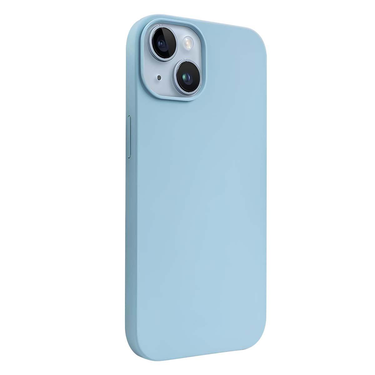 Una custodia per telefono azzurra. Ha un modulo fotocamera con due obiettivi. Lo sfondo è bianco.
