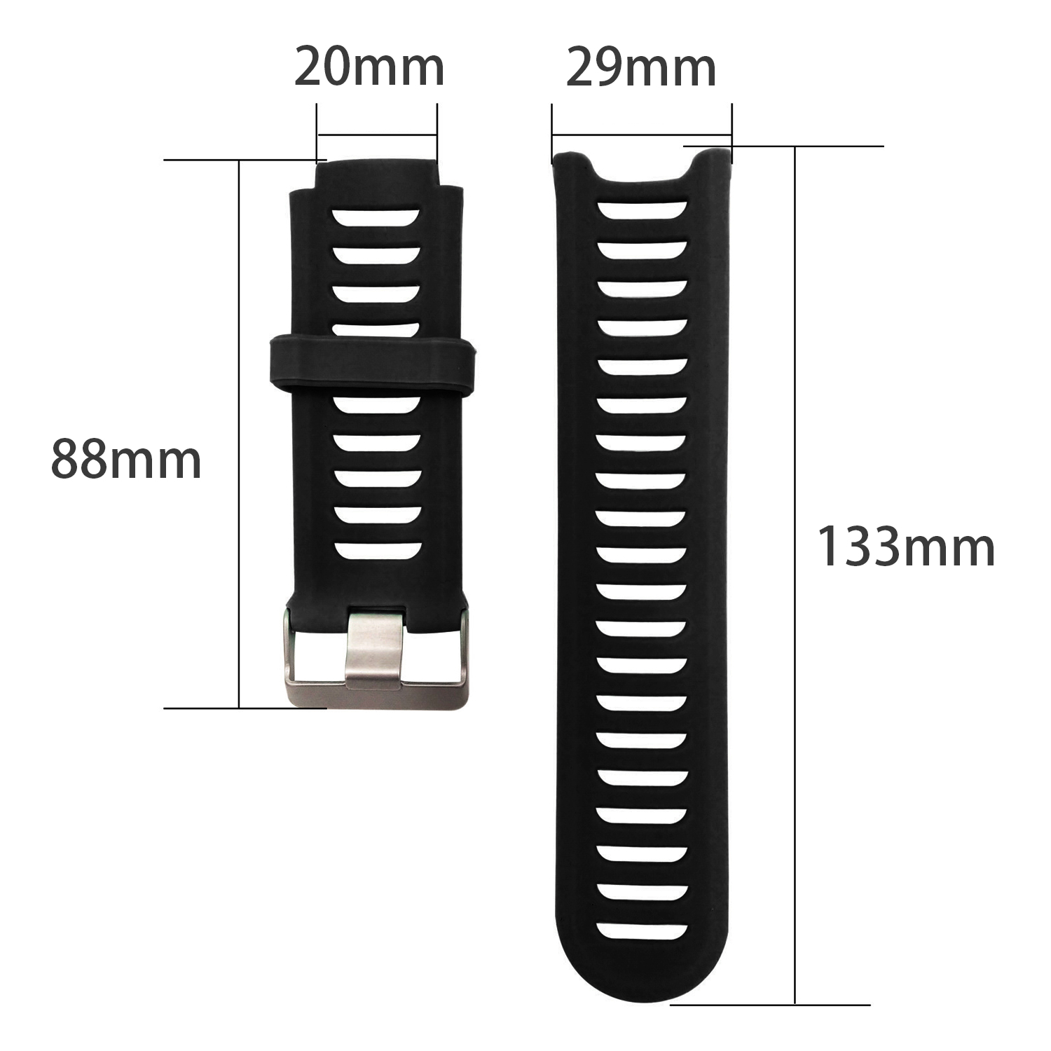 Schwarze Uhrenarmbänder mit den Maßen: 20 mm x 88 mm und 29 mm x 133 mm, auf weißem Hintergrund. Maße sind beschriftet.