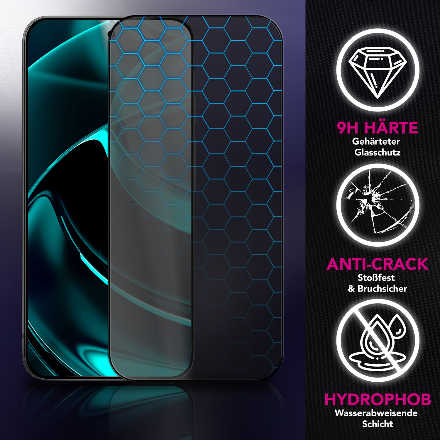 Protecteur d'écran de téléphone avec motif en nid d'abeille et icônes de dureté, anti-fissures et hydrophobie.