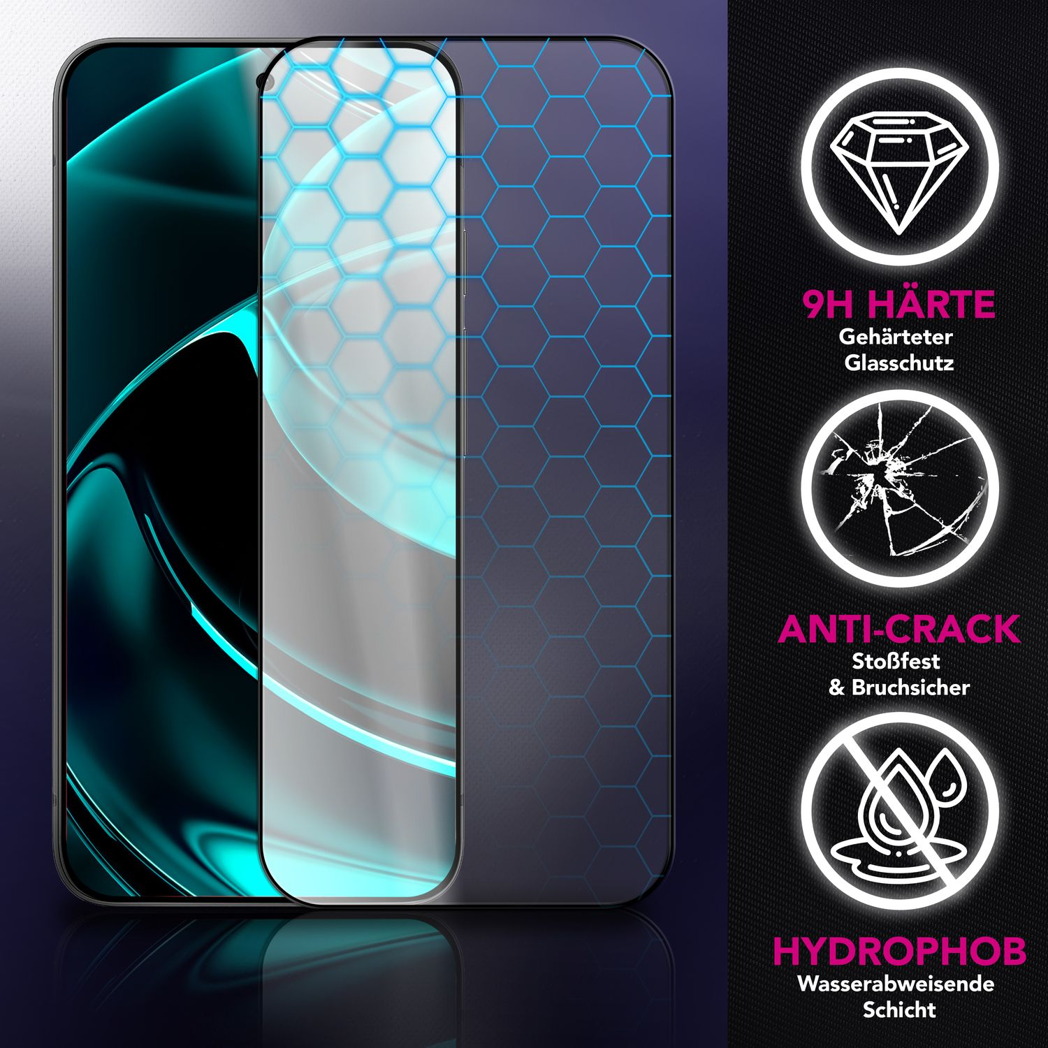 Un protecteur d'écran de smartphone avec un motif hexagonal. Caractéristiques : dureté 9H, anti-fissures et couche hydrophobe.
