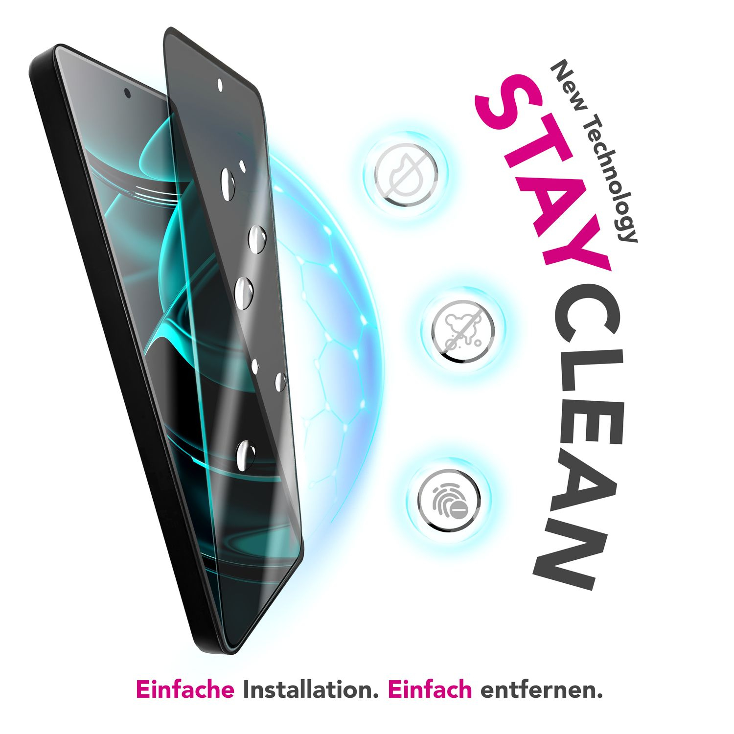 Deux smartphones noirs avec protecteurs d'écran, gouttes d'eau et un graphique 'Stay Clean'. Texte en bas : 'Installation facile. Retrait facile'.