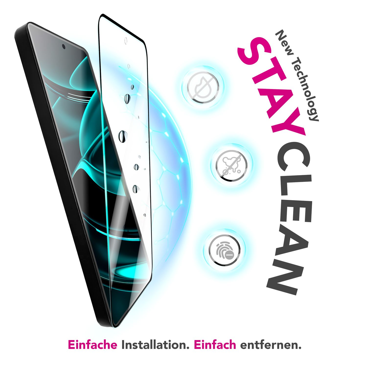 Un téléphone avec une superposition de protecteur d'écran. Le texte 'STAY CLEAN' et les icônes indiquent les fonctionnalités. Texte allemand en bas.