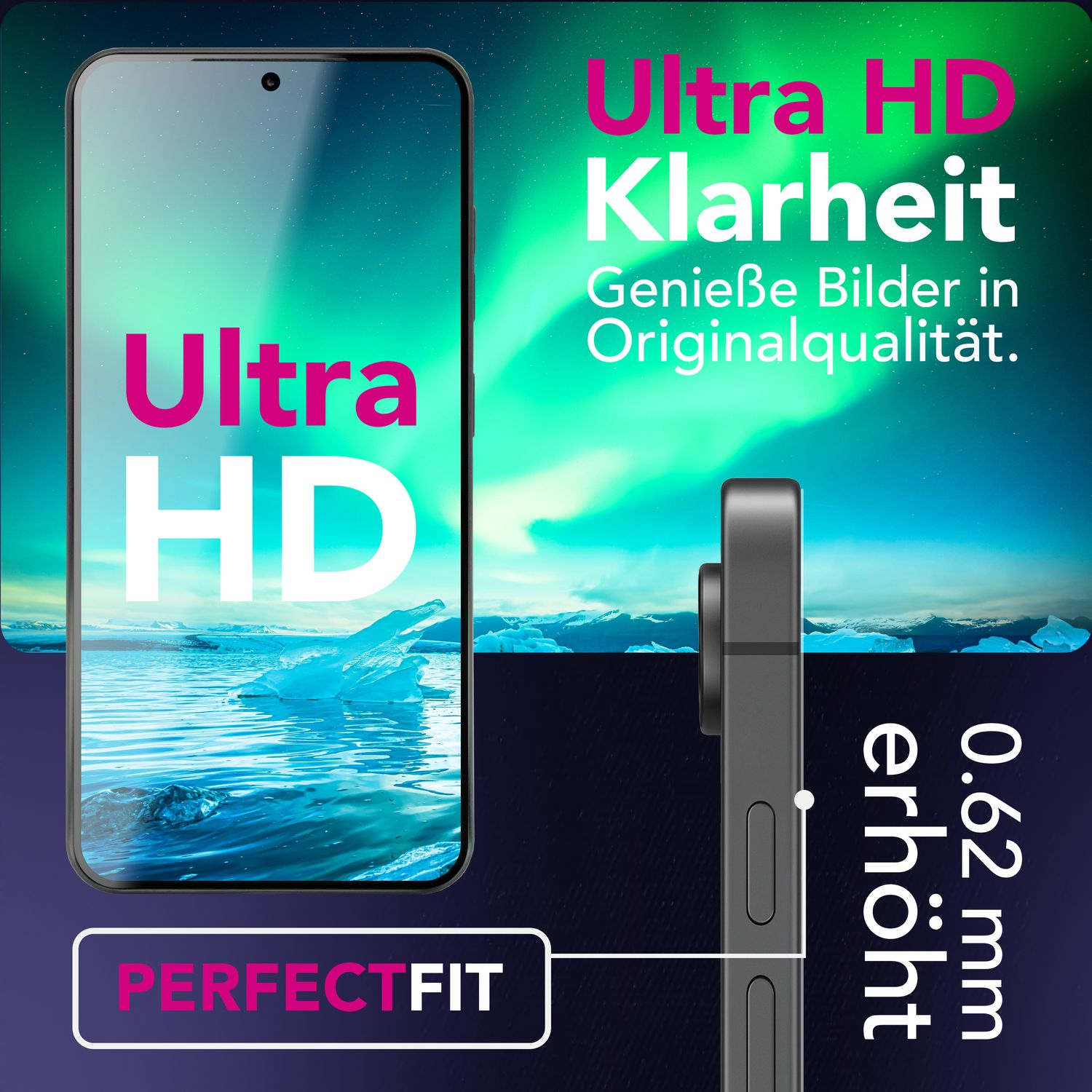 Publicité pour protecteur d'écran. Texte : 'Ultra HD'. Téléphone sur fond d'icebergs et aurore boréale.