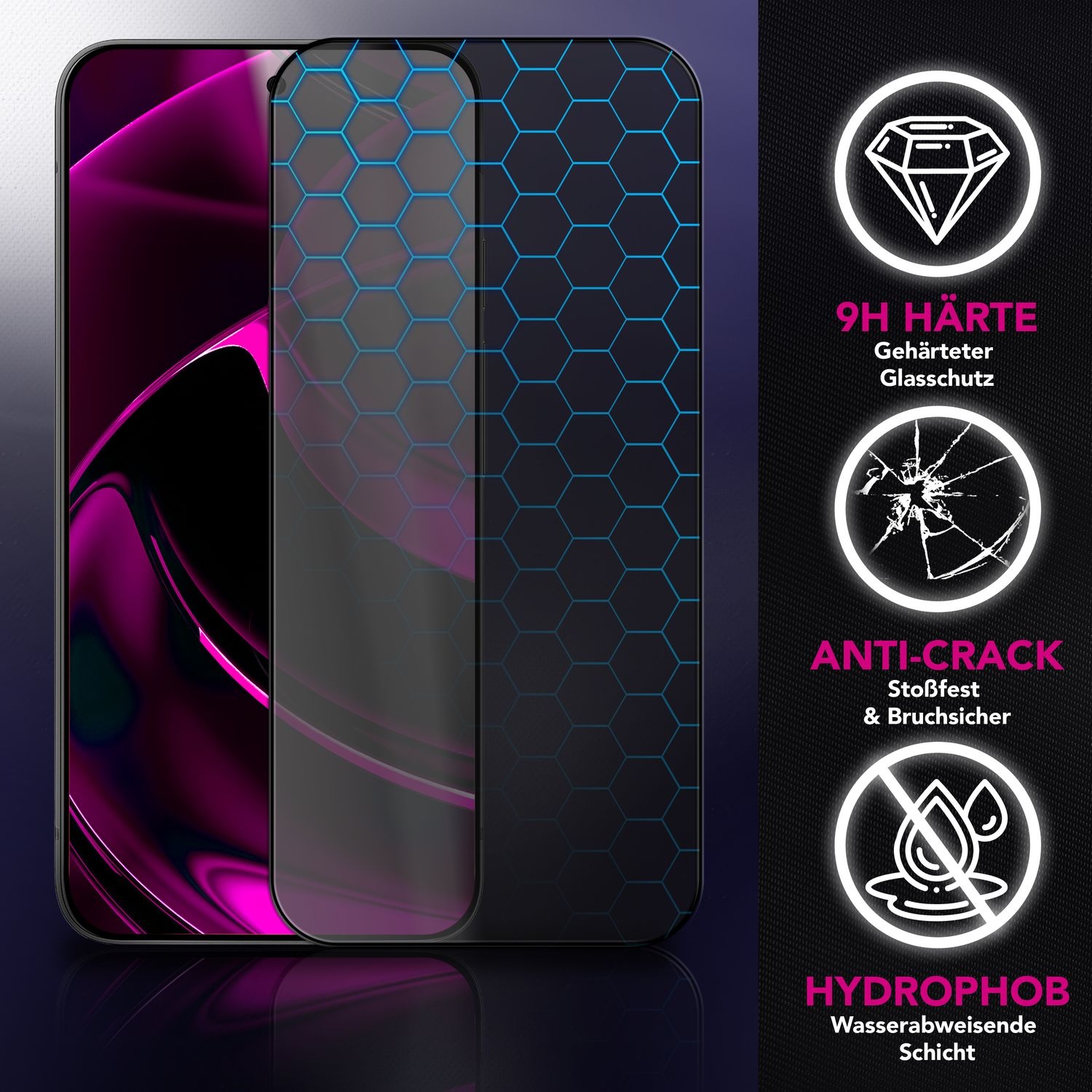 Un protecteur d'écran avec motif hexagonal. Caractéristiques : dureté 9H, anti-fissure et propriétés hydrophobes.