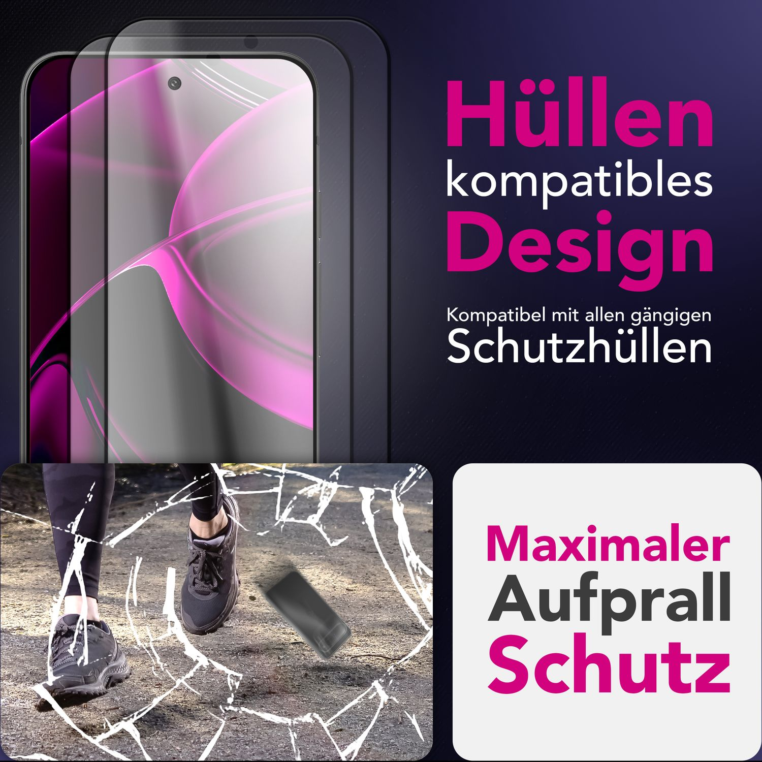 L'image montre un protecteur d'écran pour téléphone. Une personne marche sur un téléphone avec un effet d'écran fissuré et des textes en allemand.