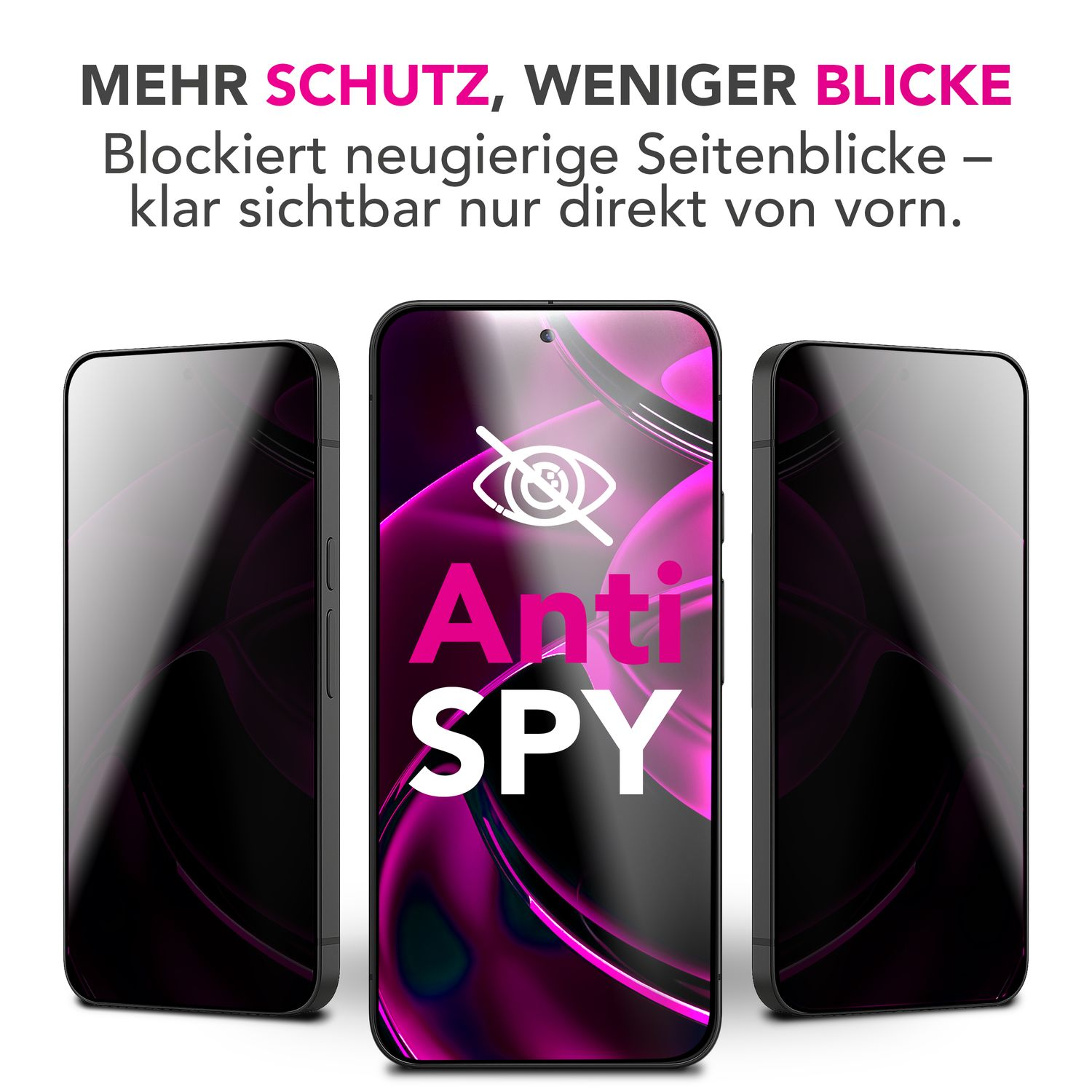 Trois smartphones, celui du centre avec le texte 'Anti SPY', icône d'œil et fond rose. En haut : 'Plus de protection, moins de regards'.