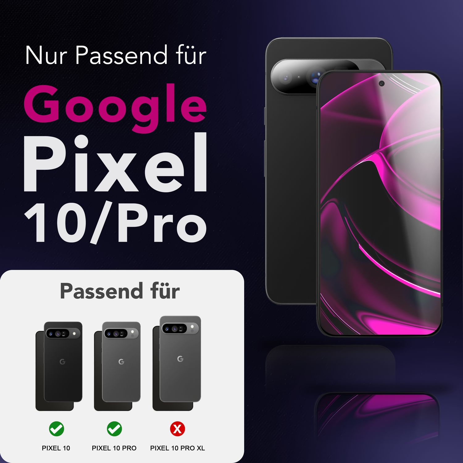 L'image montre Google Pixel 10/Pro. Les téléphones sont affichés sur un fond dégradé. Pixel 10 et 10 Pro sont compatibles, Pixel 10 Pro XL ne l'est pas.
