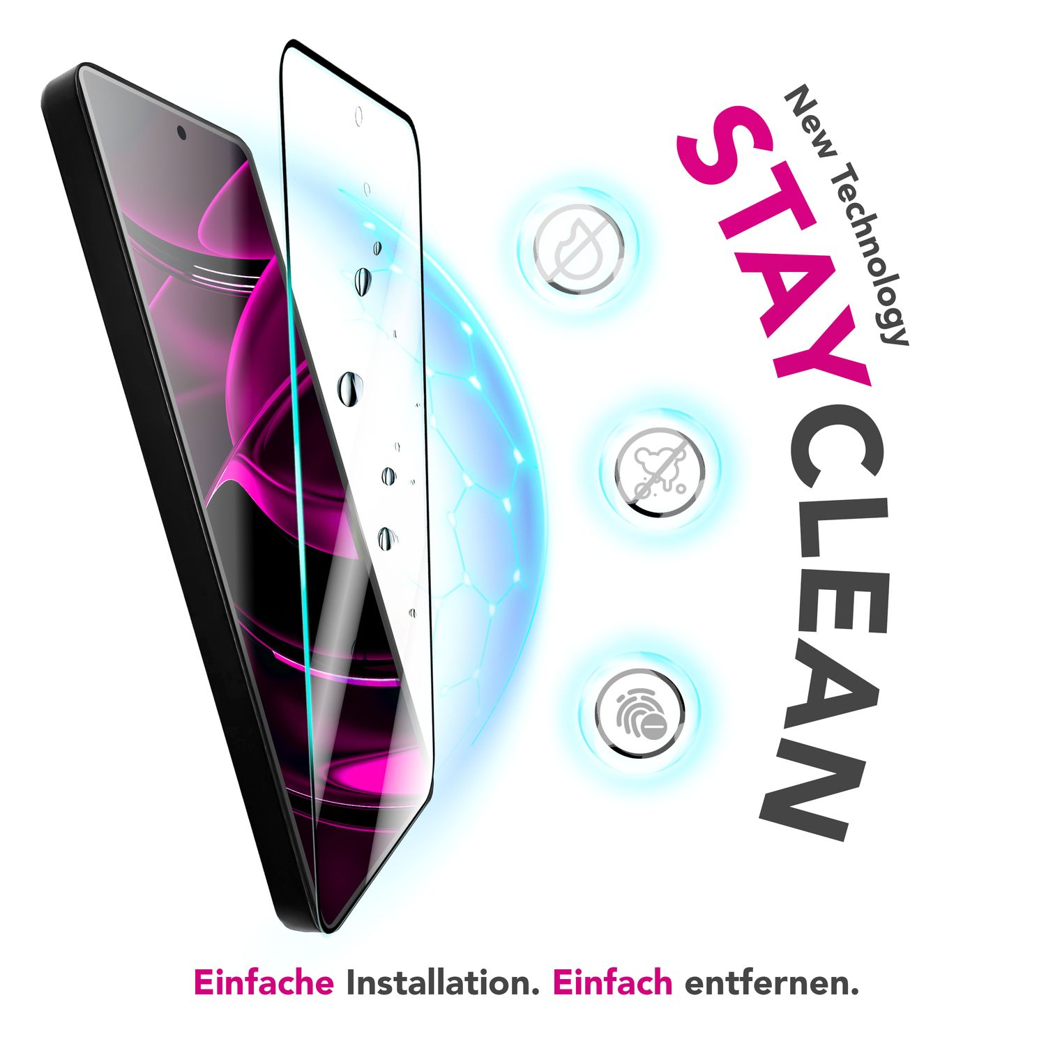 Un téléphone avec un protecteur d'écran est montré. Le texte dit 'STAY CLEAN' et 'New Technology'. Il y a des icônes et du texte allemand.