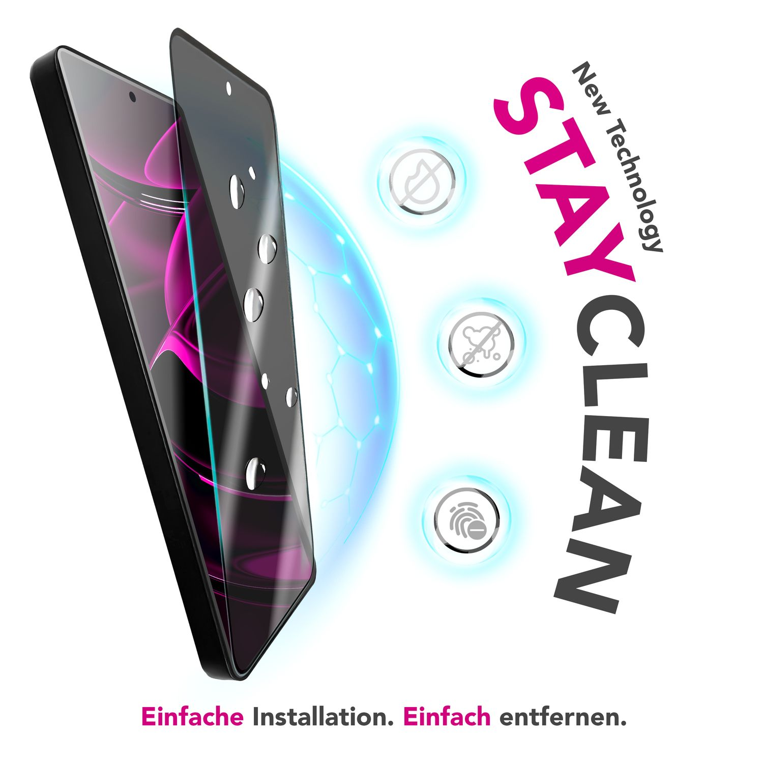 Un téléphone avec un protecteur d'écran est affiché. Le texte indique 'Stay Clean' et 'New Technology'. Des graphiques représentent des gouttes d'eau et une empreinte digitale.