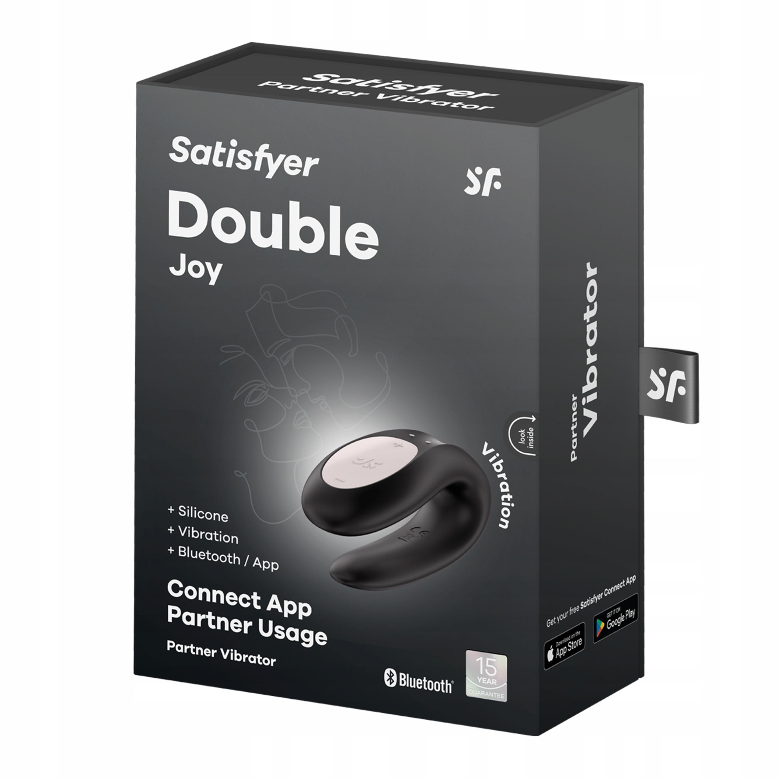 Czarne pudełko ze zdjęciem wibratora, tekst 'Satisfyer Double Joy' i szczegóły produktu.