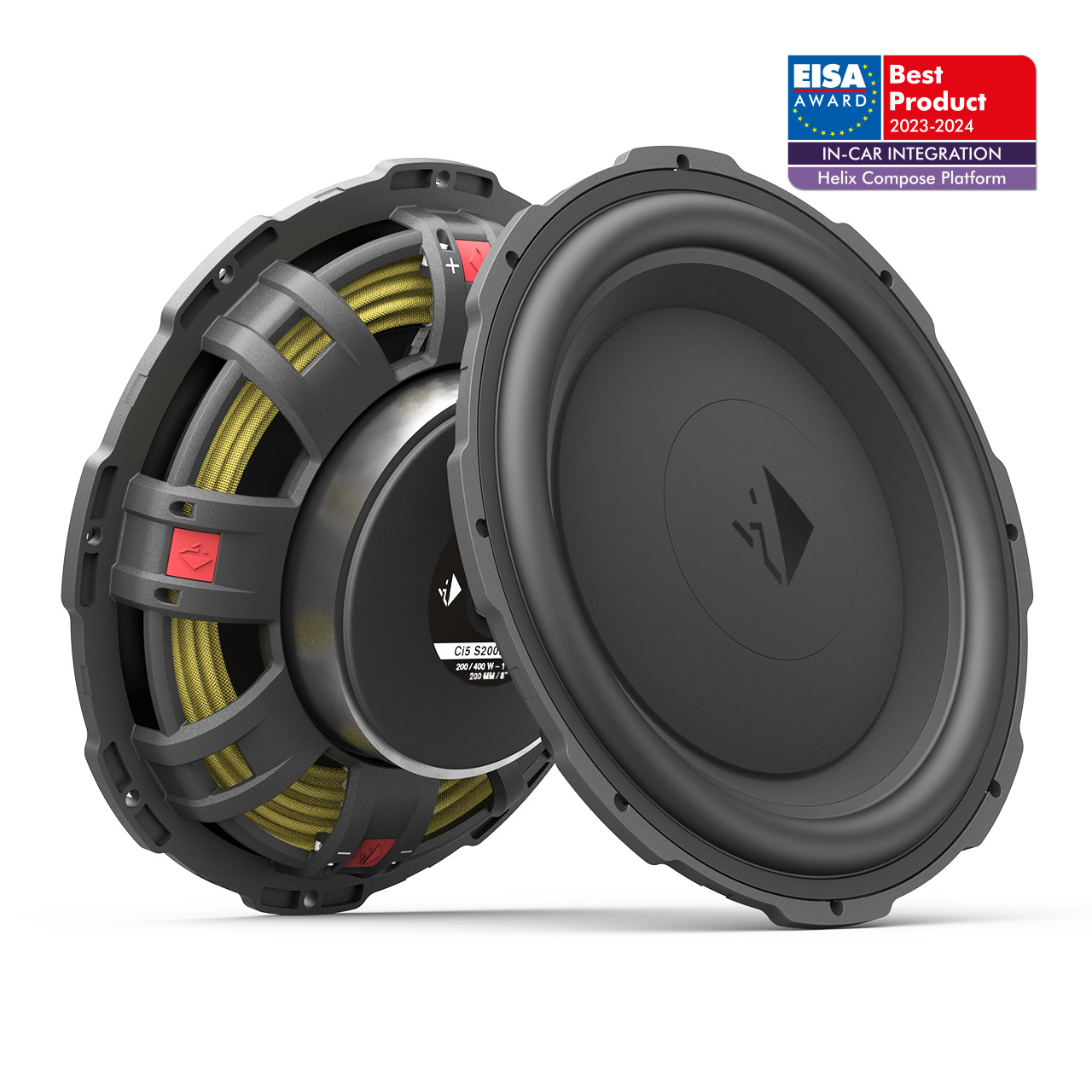 Zwei schwarze Auto-Subwoofer mit gelber Verkabelung und einem Produktauszeichnungs-Badge.