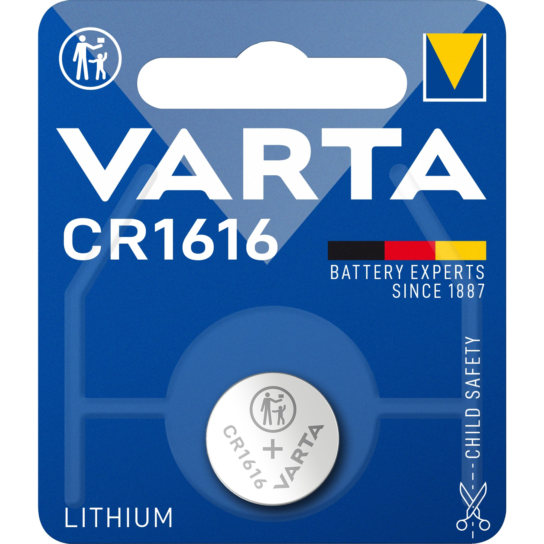 Blue Varta CR1616 battery package. White text and symbols on the package. A round battery is in the center.