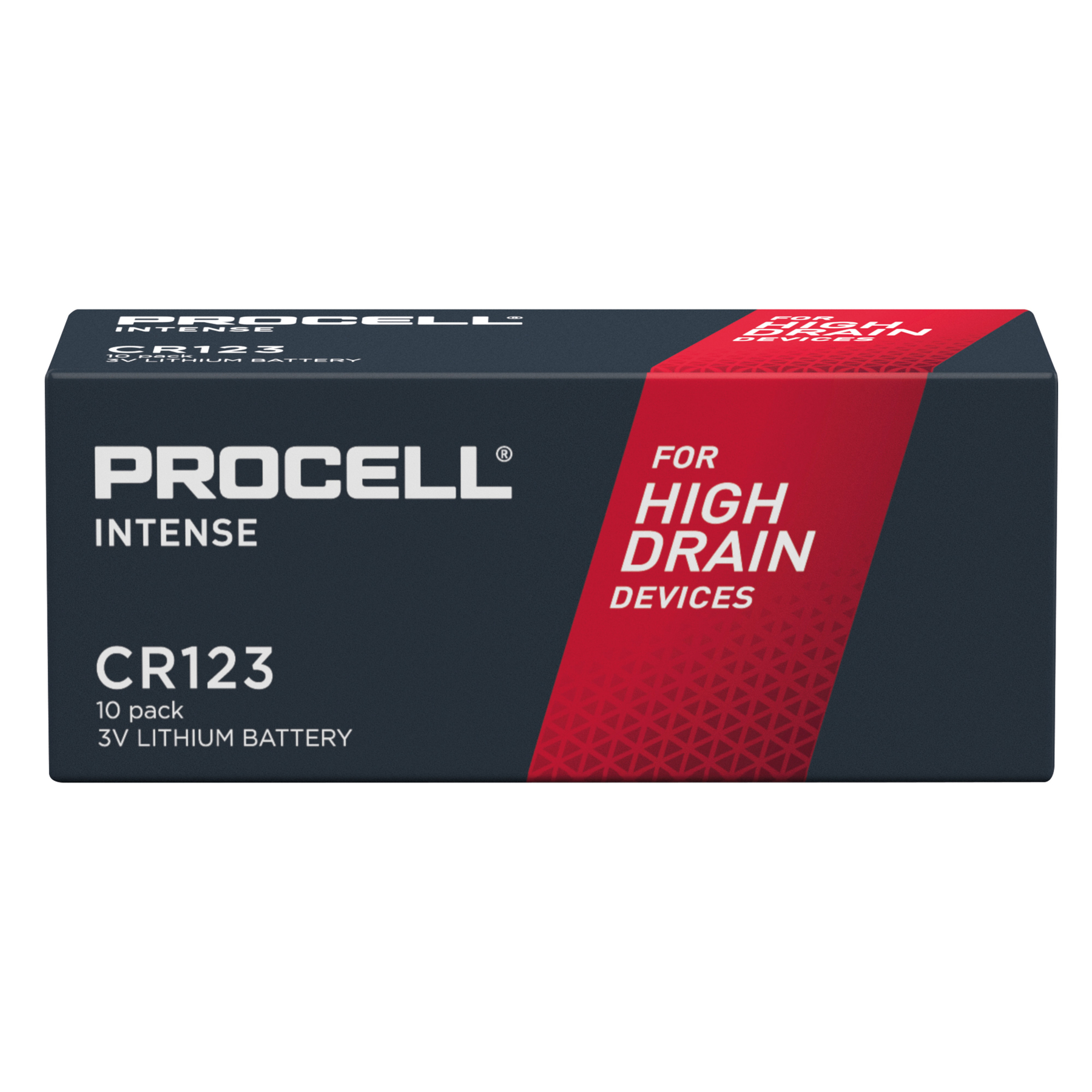 Eine Schachtel Procell CR123 Batterien. Die Schachtel ist dunkelgrau mit einem roten Streifen und weißem Text.