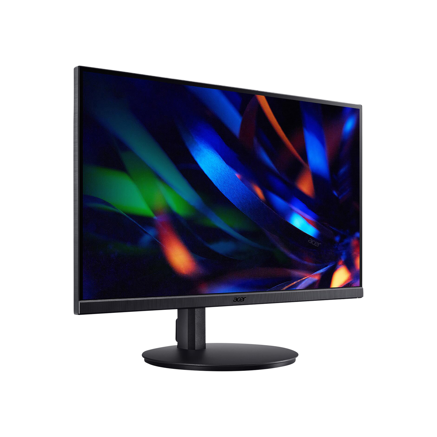 Ein Acer-Monitor mit farbenfroher, abstrakter Anzeige, schwarzem Rahmen und Sockel, vor weißem Hintergrund.