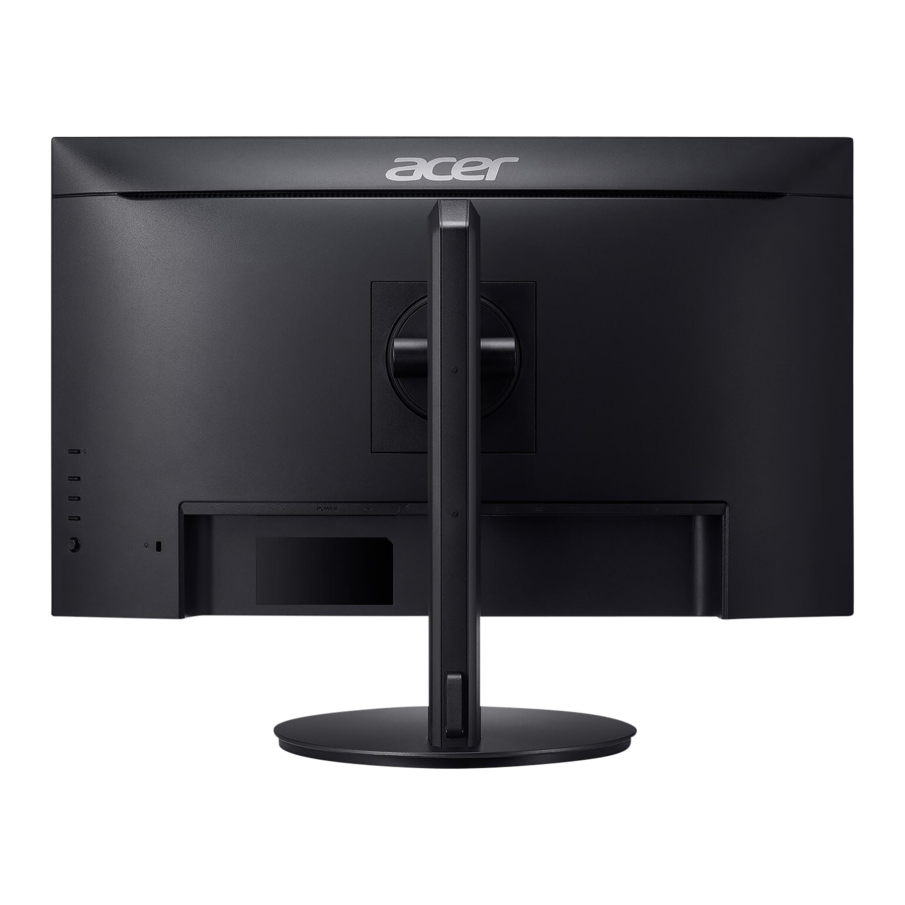 Rückseite eines schwarzen Acer-Monitors. Ständer, Anschlüsse und Acer-Logo sind sichtbar. Isoliert auf weißem Hintergrund.