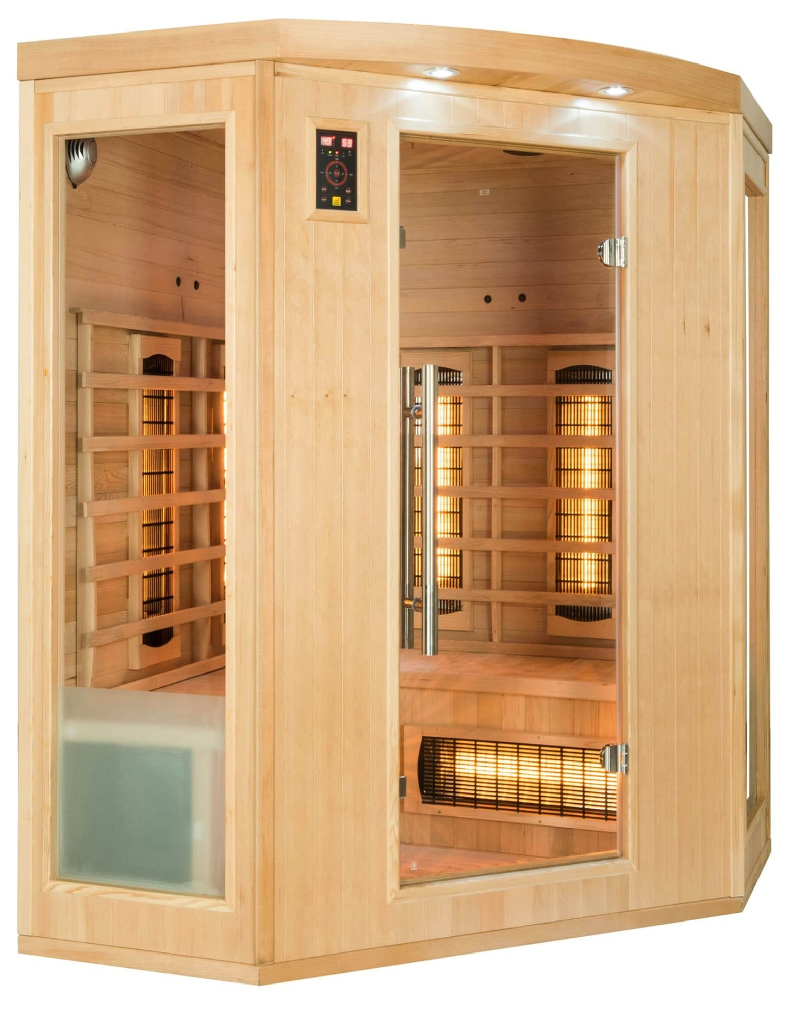 Sauna de madera con puertas de vidrio, luces interiores y elementos calefactores. Panel de control visible. Vacía.