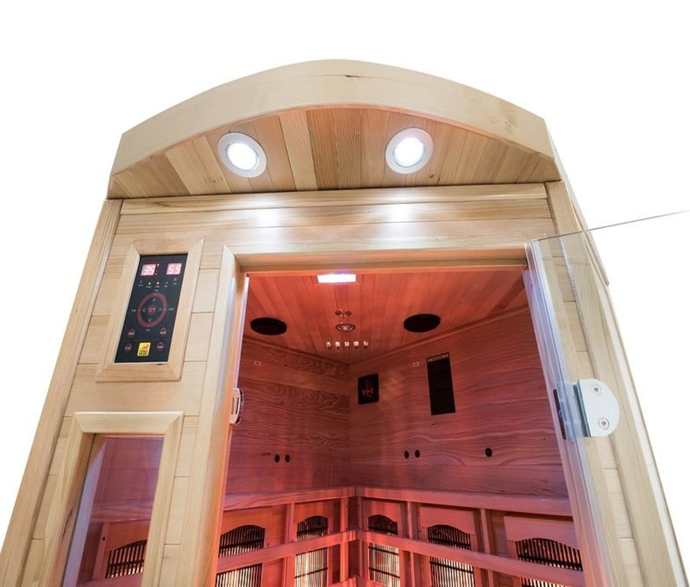 Sauna de madera con iluminación interior roja. Incluye panel de control, puerta de vidrio y luces superiores.