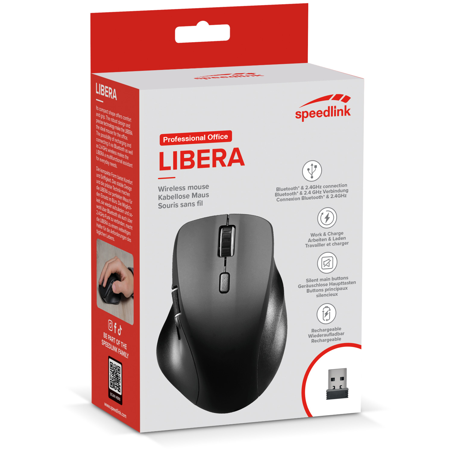 Een zwarte draadloze muis op een productdoos. De doos heeft het merk LIBERA en Speedlink. Kenmerken zijn Bluetooth en oplaadbaarheid.