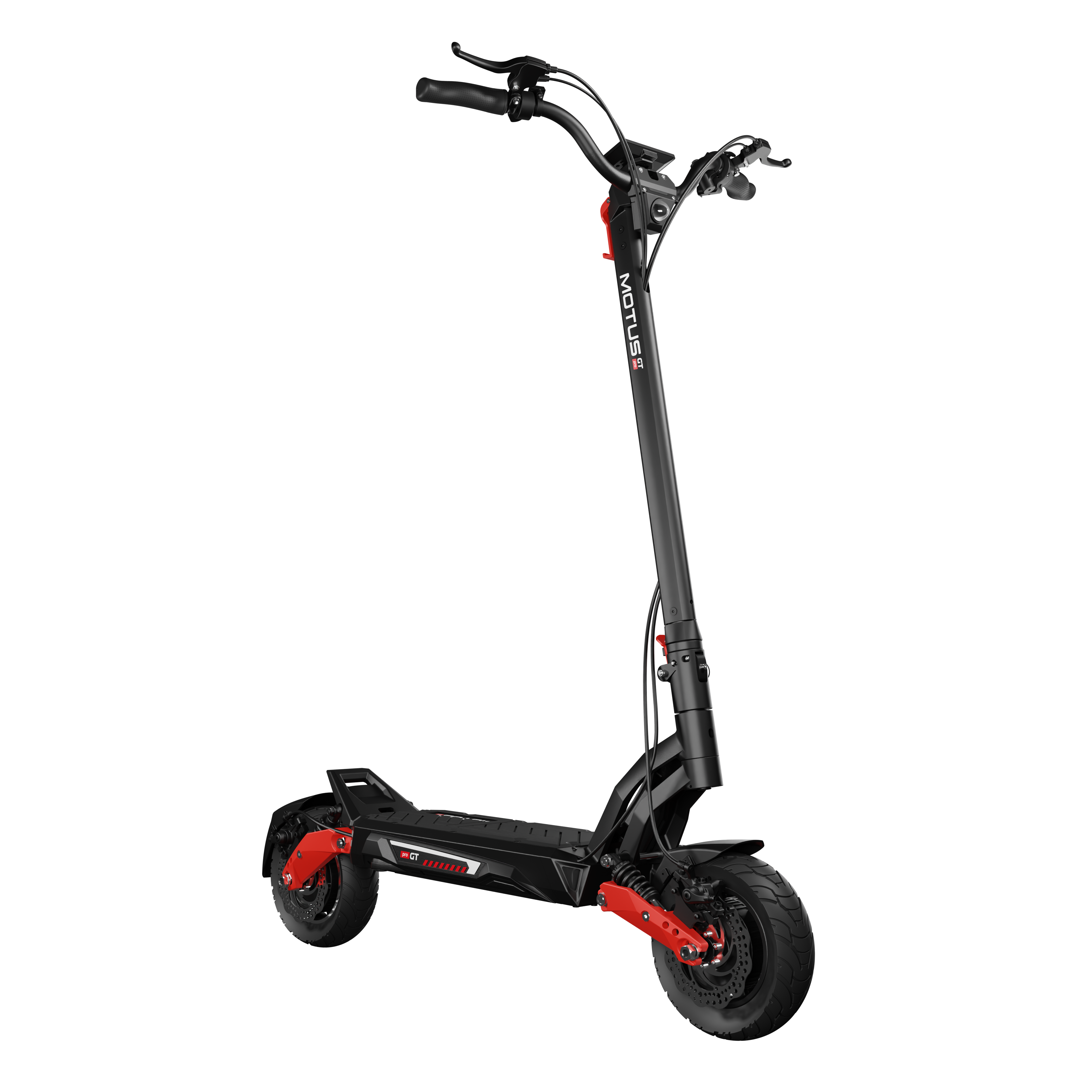 Czarna hulajnoga elektryczna z czerwonymi akcentami na czarnym tle. MOTUS GT jest napisane na ramie.
