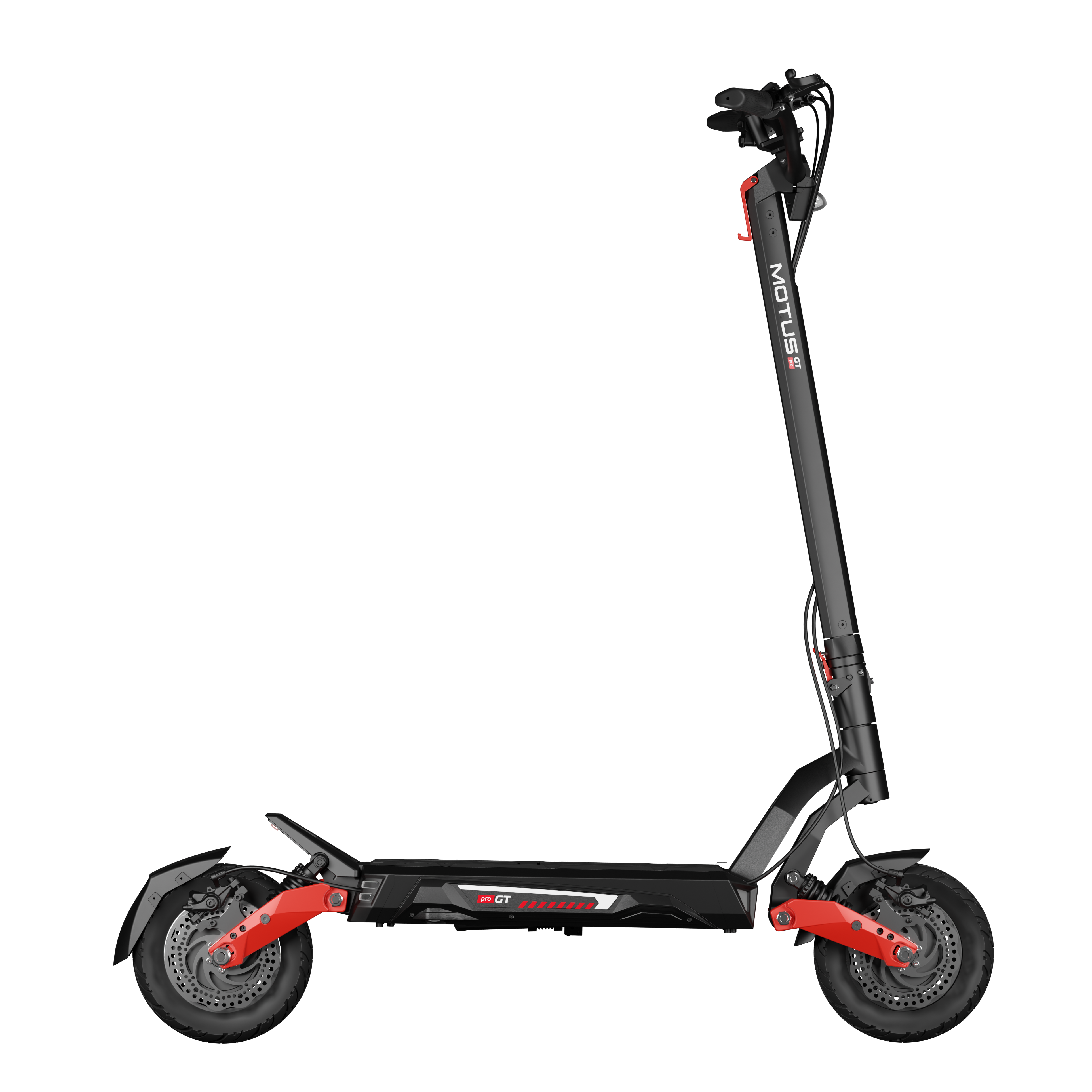 Czarna hulajnoga elektryczna z czerwonymi akcentami. Posiada czarną kierownicę, dwa koła i nazwę MOTUS z boku.