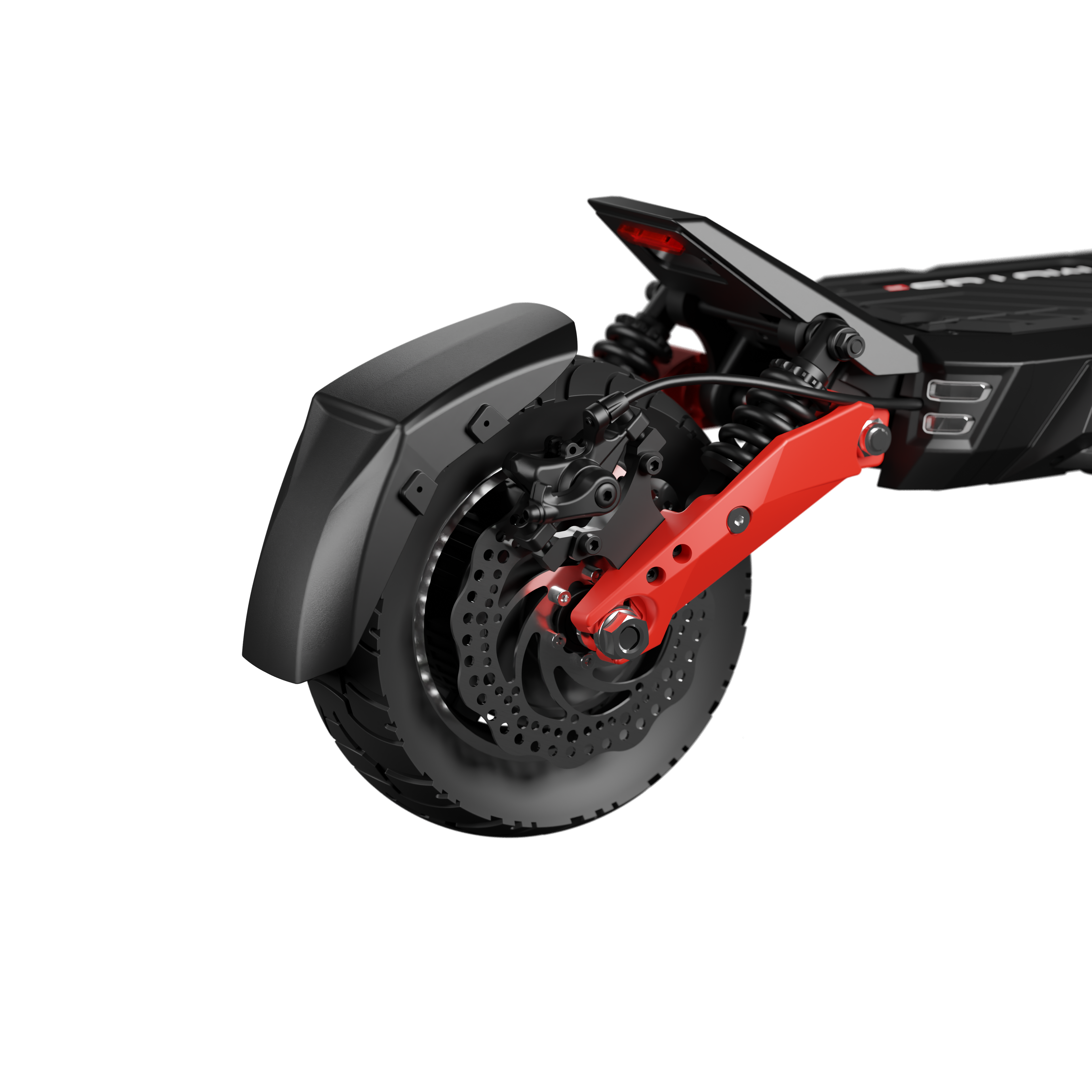 Zbliżenie koła hulajnogi elektrycznej z czarną oponą, czerwoną amortyzacją i czarnym hamulcem tarczowym na czarnym tle.